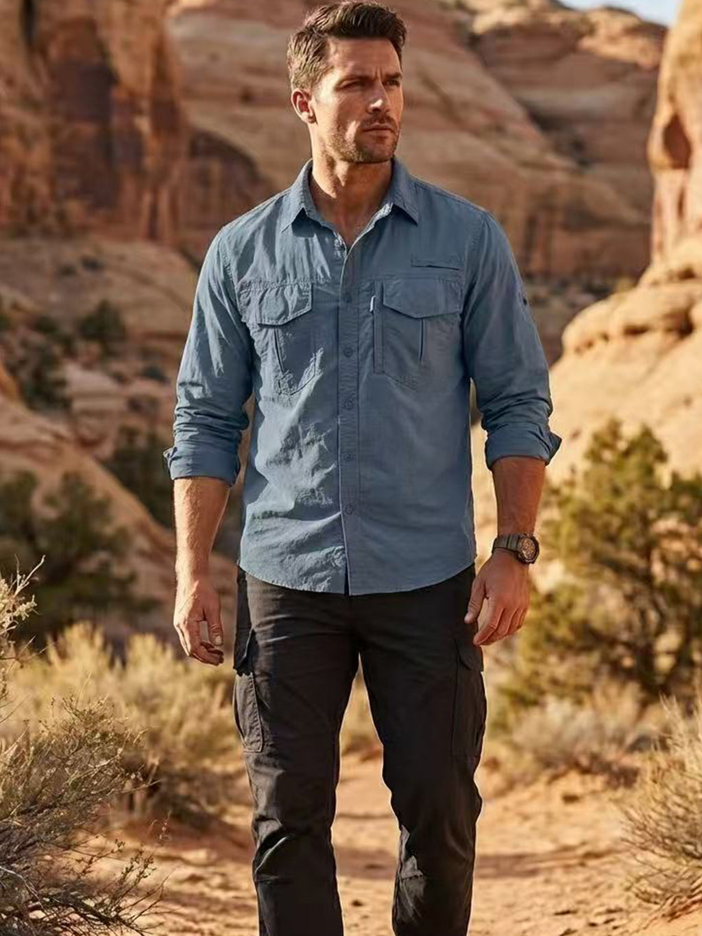 Man in high-performance outdoor apparel hiking in desert landscape, FREDD MARSHALL style