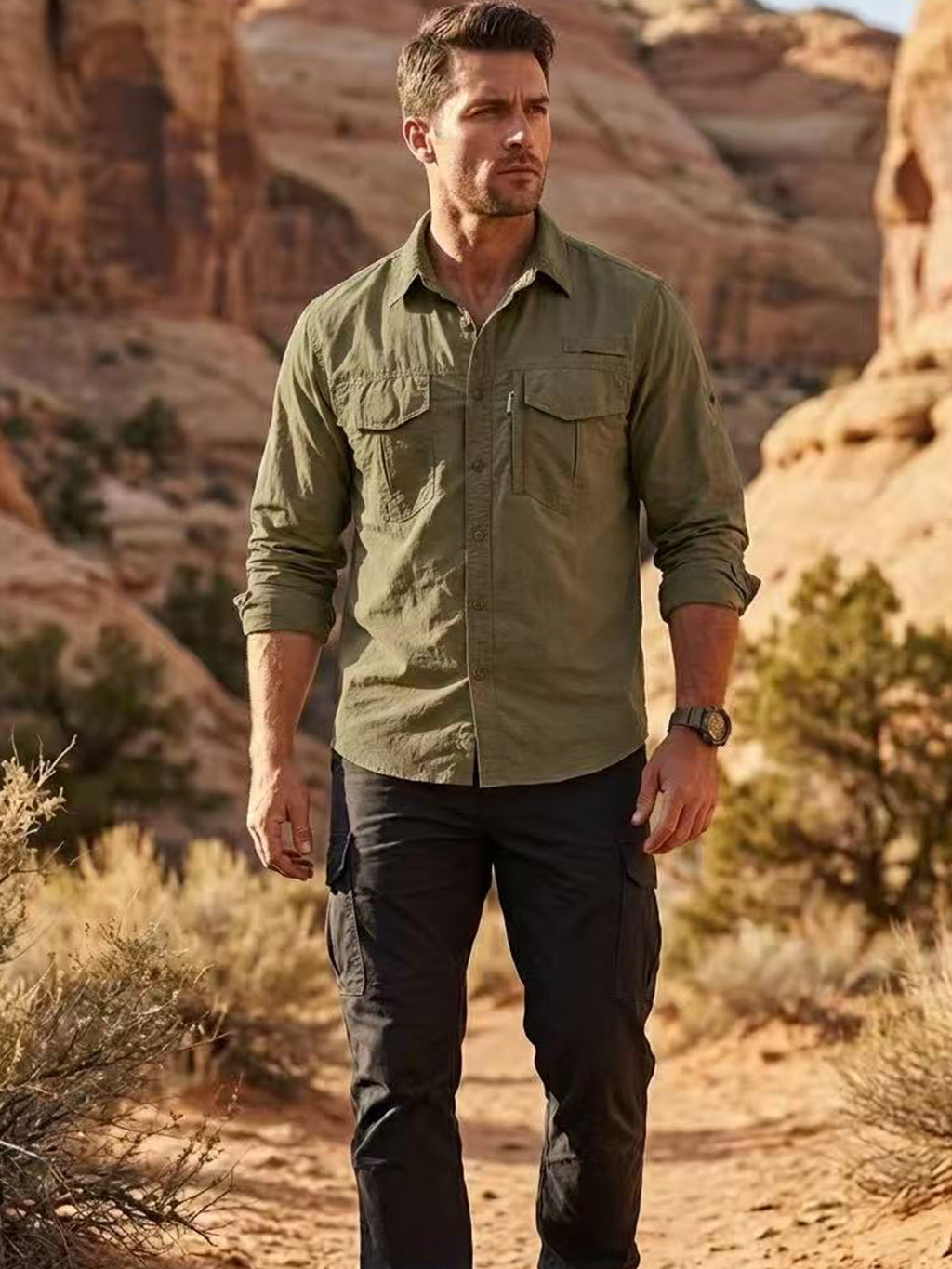 Man wearing high-performance outdoor apparel hiking in rocky desert, FREDD MARSHALL style