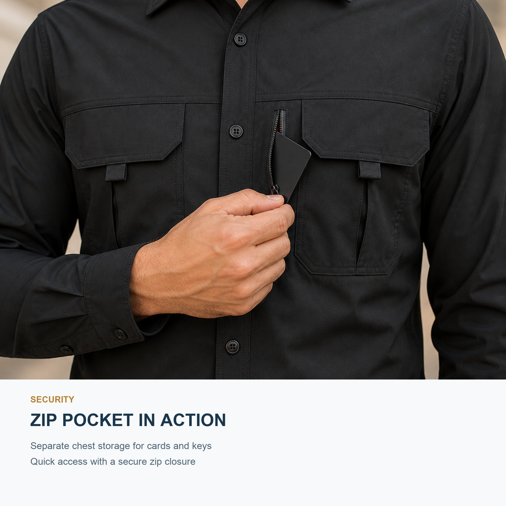 FREDD MARSHALL Men's Long Sleeve Utility Work Shirt with Zip Pocket - Black - 10 function demo