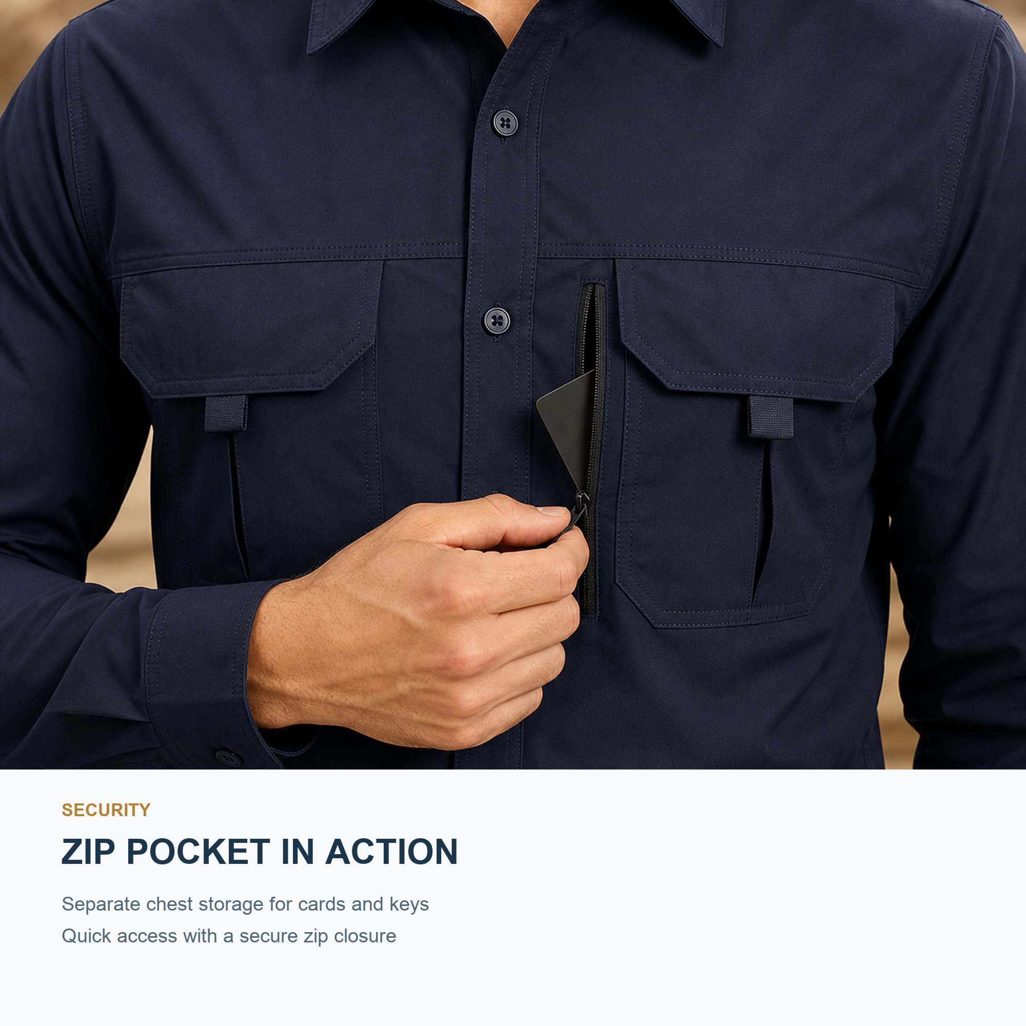 FREDD MARSHALL Men's Long Sleeve Utility Work Shirt with Zip Pocket - Dark Blue - 10 function demo
