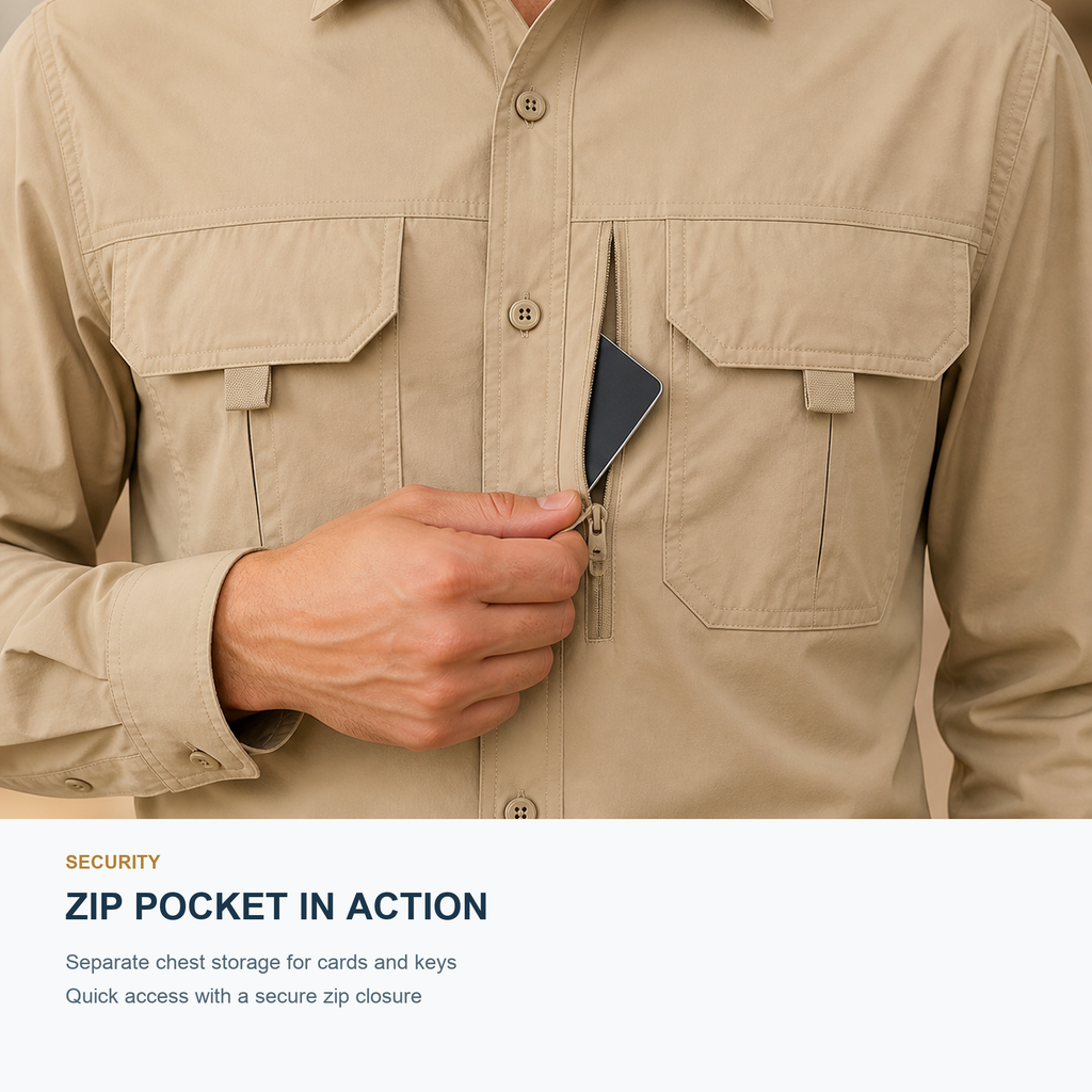 FREDD MARSHALL Men's Long Sleeve Utility Work Shirt with Zip Pocket - Khaki - 10 function demo