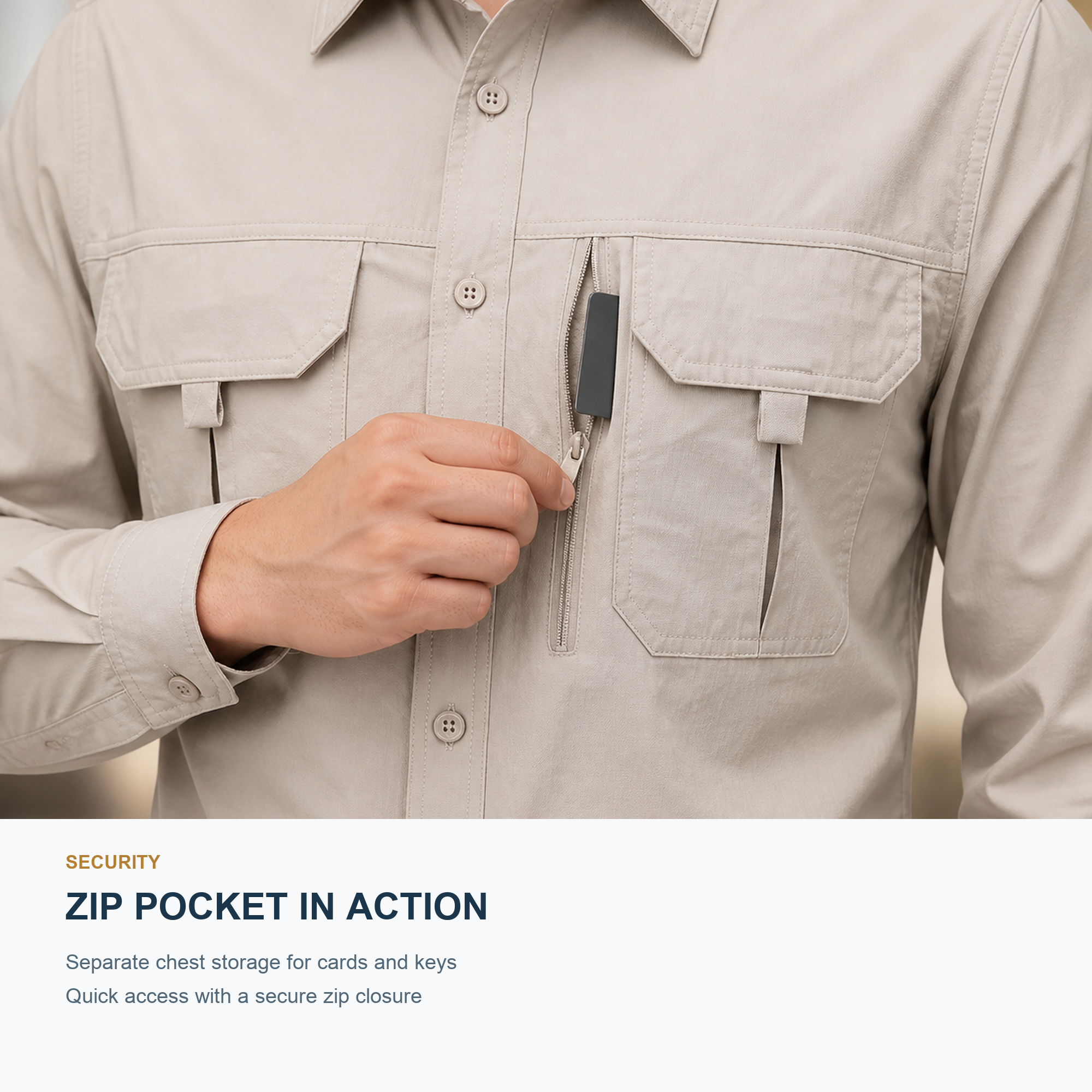 FREDD MARSHALL Men's Long Sleeve Utility Work Shirt with Zip Pocket - Beige - 10 function demo