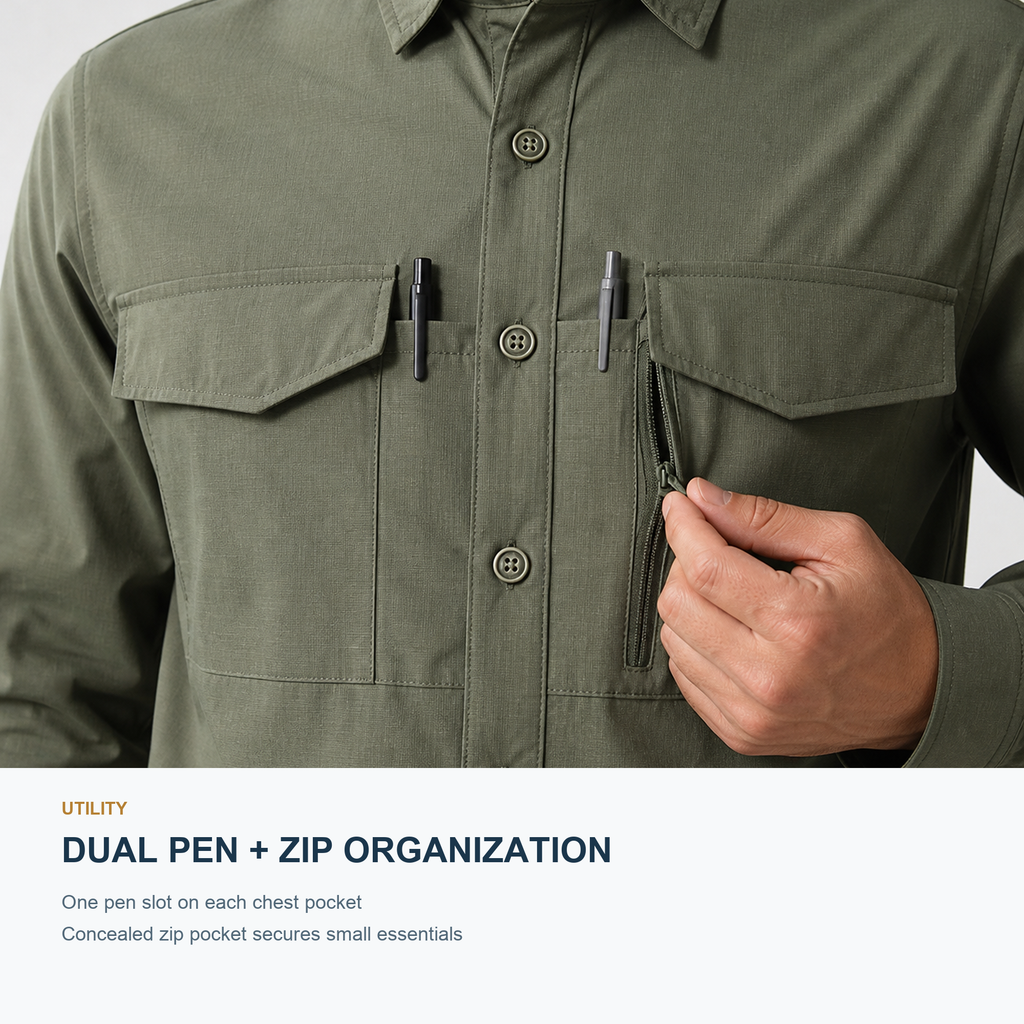 FREDD MARSHALL Men's Quick Dry Stretch Outdoor Work Shirt - Army Green - 10 function demo