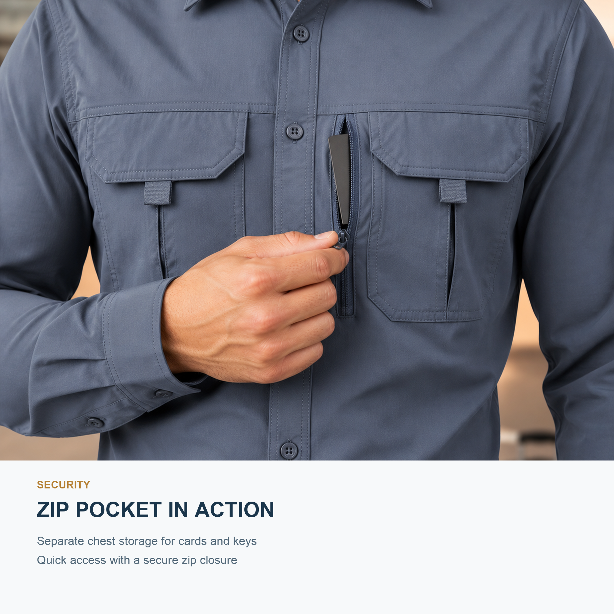FREDD MARSHALL Men's Long Sleeve Utility Work Shirt with Zip Pocket - Blue Gray - 10 function demo