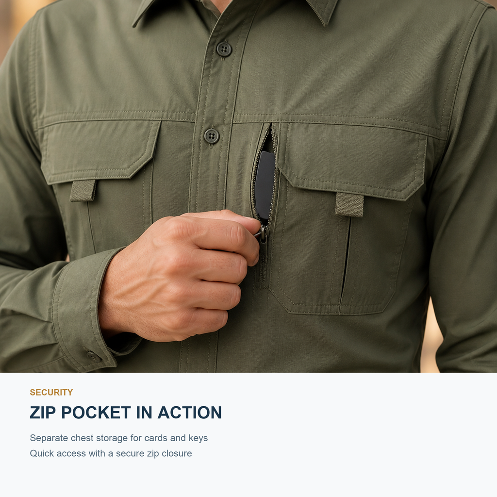 FREDD MARSHALL Men's Long Sleeve Utility Work Shirt with Zip Pocket - Army Green - 10 function demo