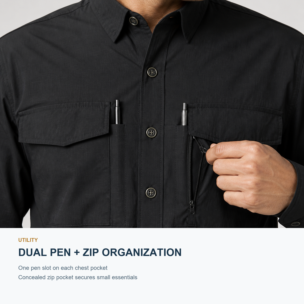 FREDD MARSHALL Men's Quick Dry Stretch Outdoor Work Shirt - Black - 10 function demo