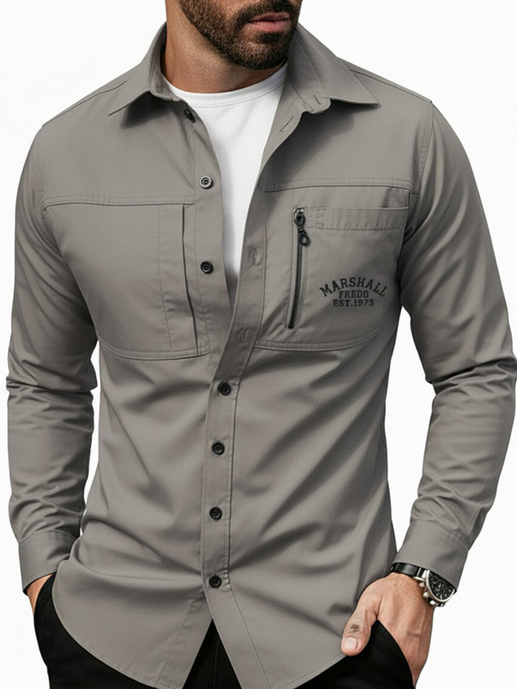 Men's high-performance grey outdoor shirt by FREDD MARSHALL with chest zip pocket