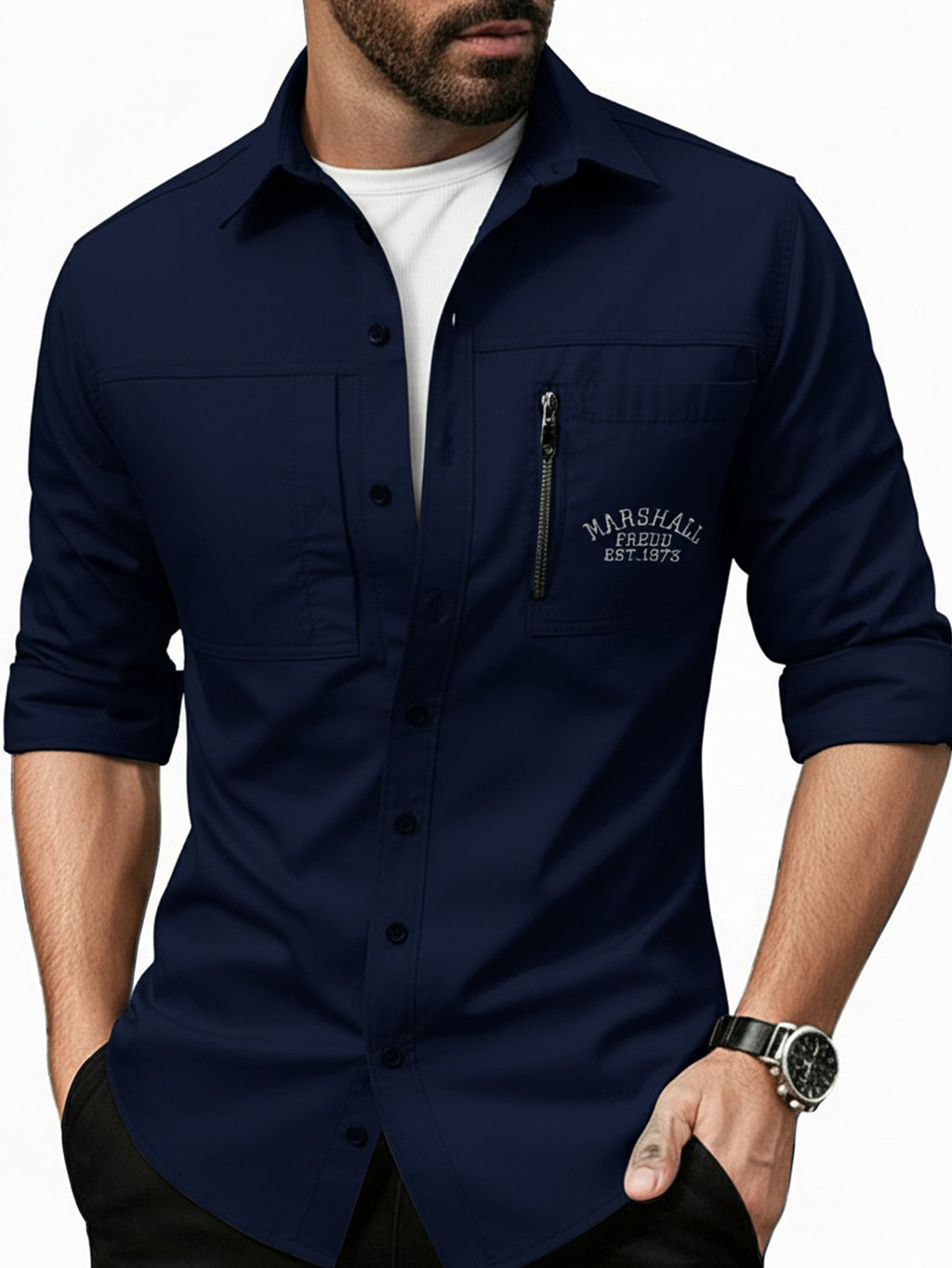 High-performance outdoor navy shirt for men by FREDD MARSHALL, front zip pocket, rolled sleeves
