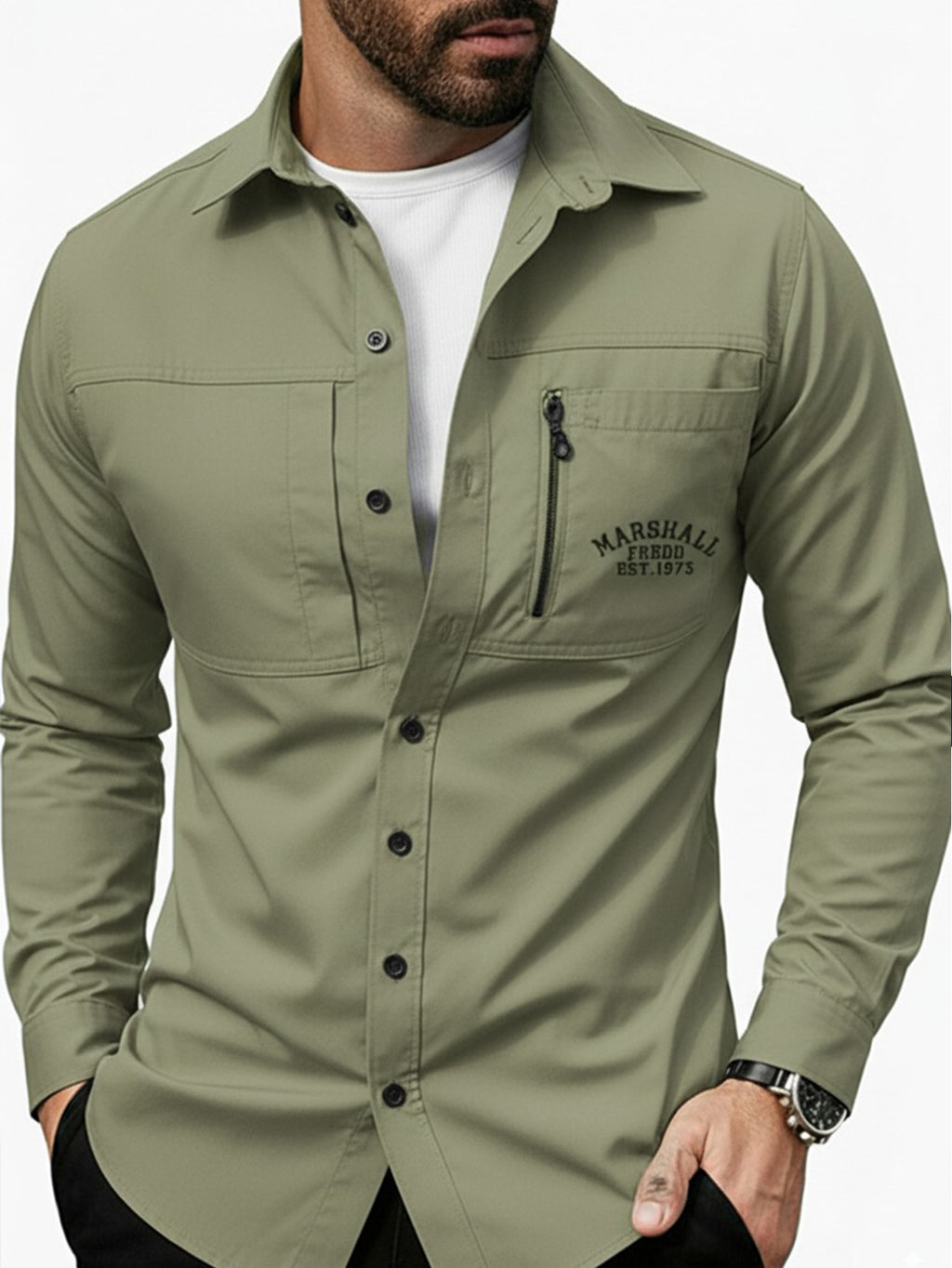 Fredd Marshall high-performance olive green outdoor shirt with zip pocket, front view