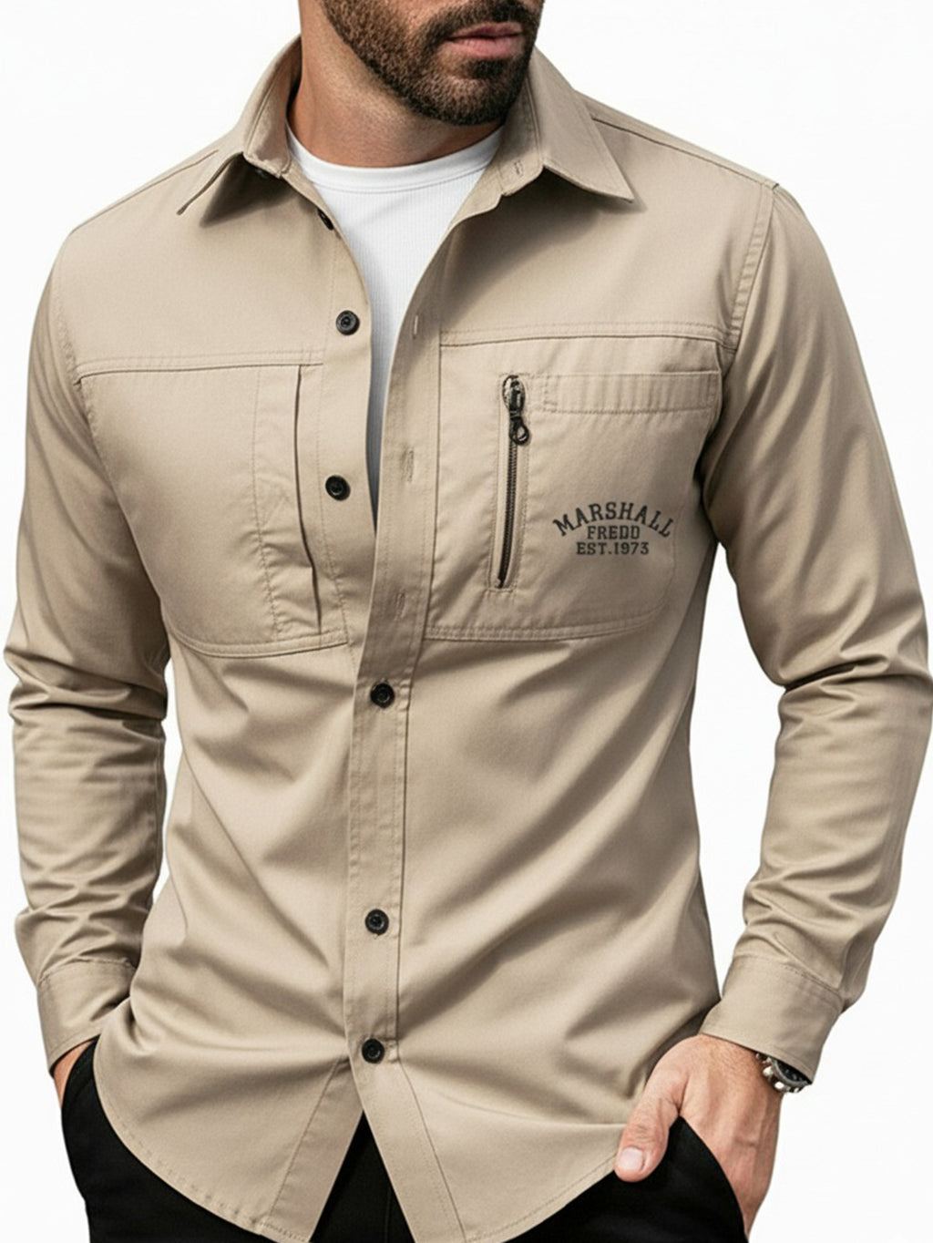 Fredd Marshall high-performance beige outdoor shirt with front zipper pocket and black buttons