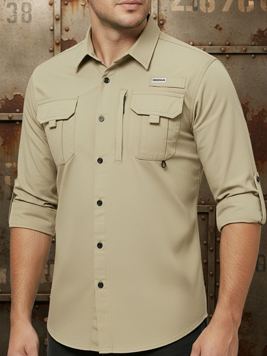 High-performance outdoor khaki shirt with button front and chest pockets, FREDD MARSHALL