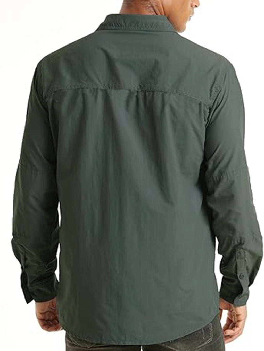 Man wearing a dark green high-performance outdoor shirt, FREDD MARSHALL apparel