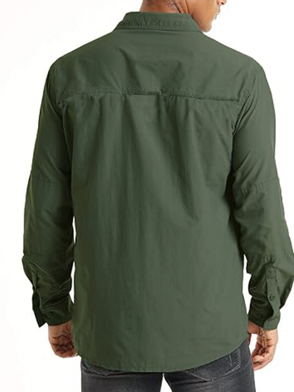 Man wearing dark green high-performance outdoor shirt, FREDD MARSHALL apparel
