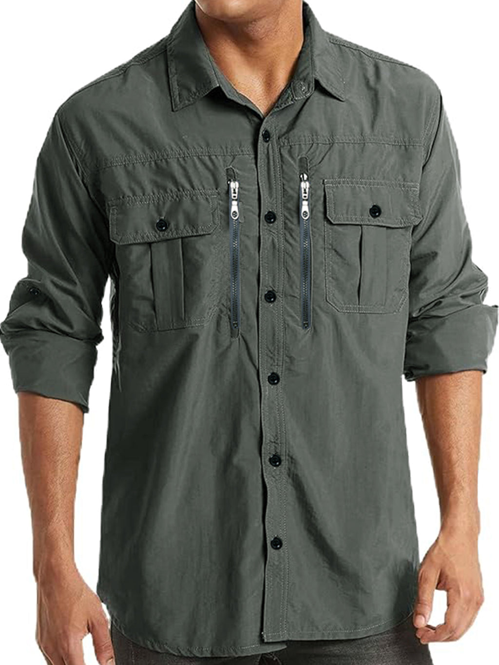 Men’s green high-performance outdoor shirt with zip and button pockets, long sleeves