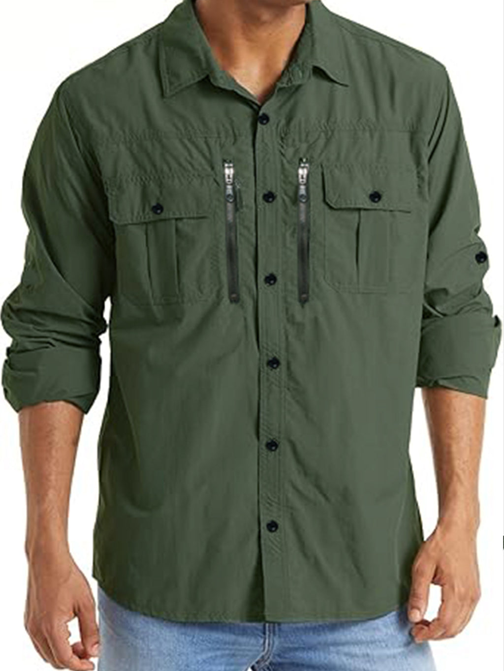 Men's green high-performance outdoor shirt with zip chest pockets, rolled sleeves, FREDD MARSHALL