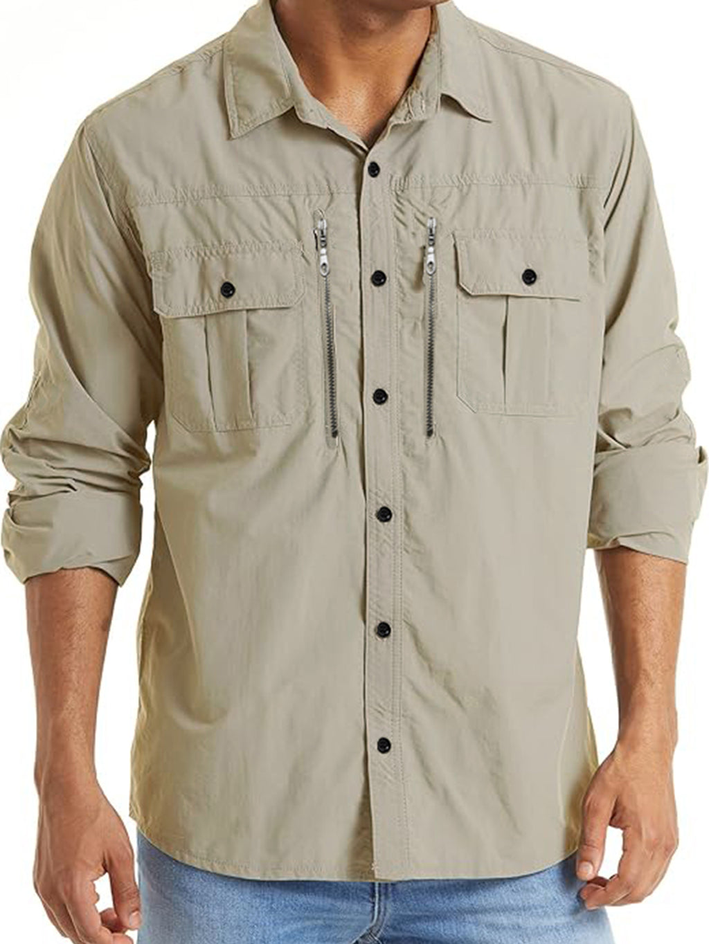 High-performance outdoor apparel, lightweight khaki shirt with zippered chest pockets