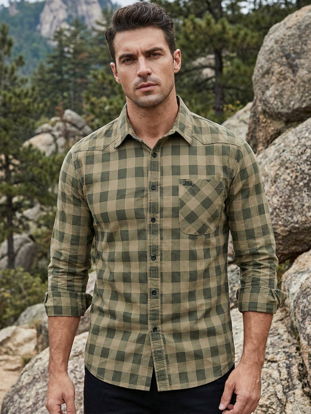 Man wearing FREDD MARSHALL high-performance outdoor plaid shirt in rocky forest setting