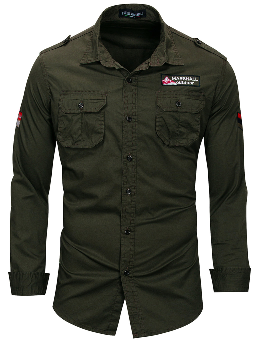 FREDD MARSHALL olive green high-performance outdoor shirt with patch pockets and logo