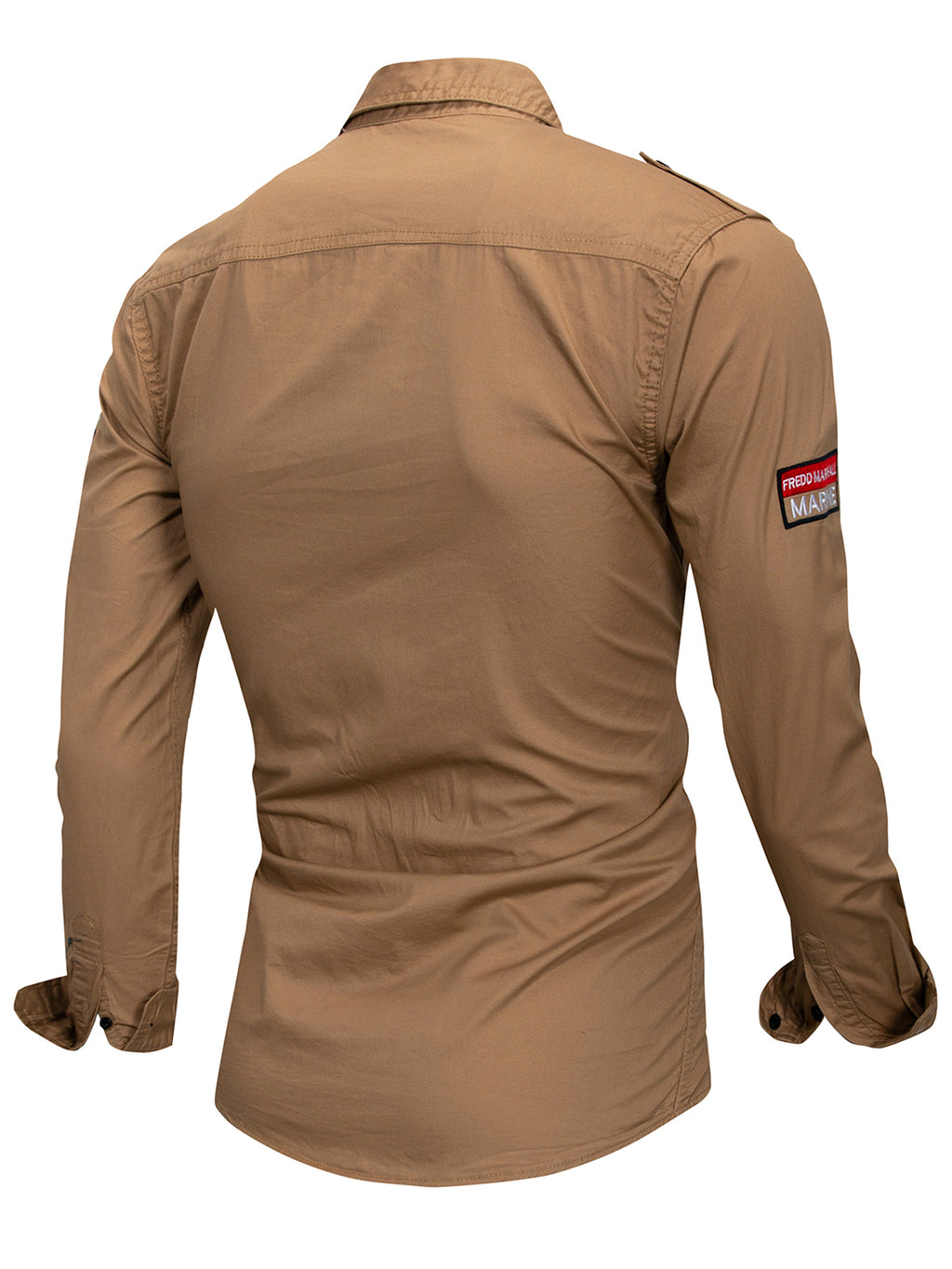 Fredd Marshall high-performance outdoor tan long sleeve shirt with patch detail, back view