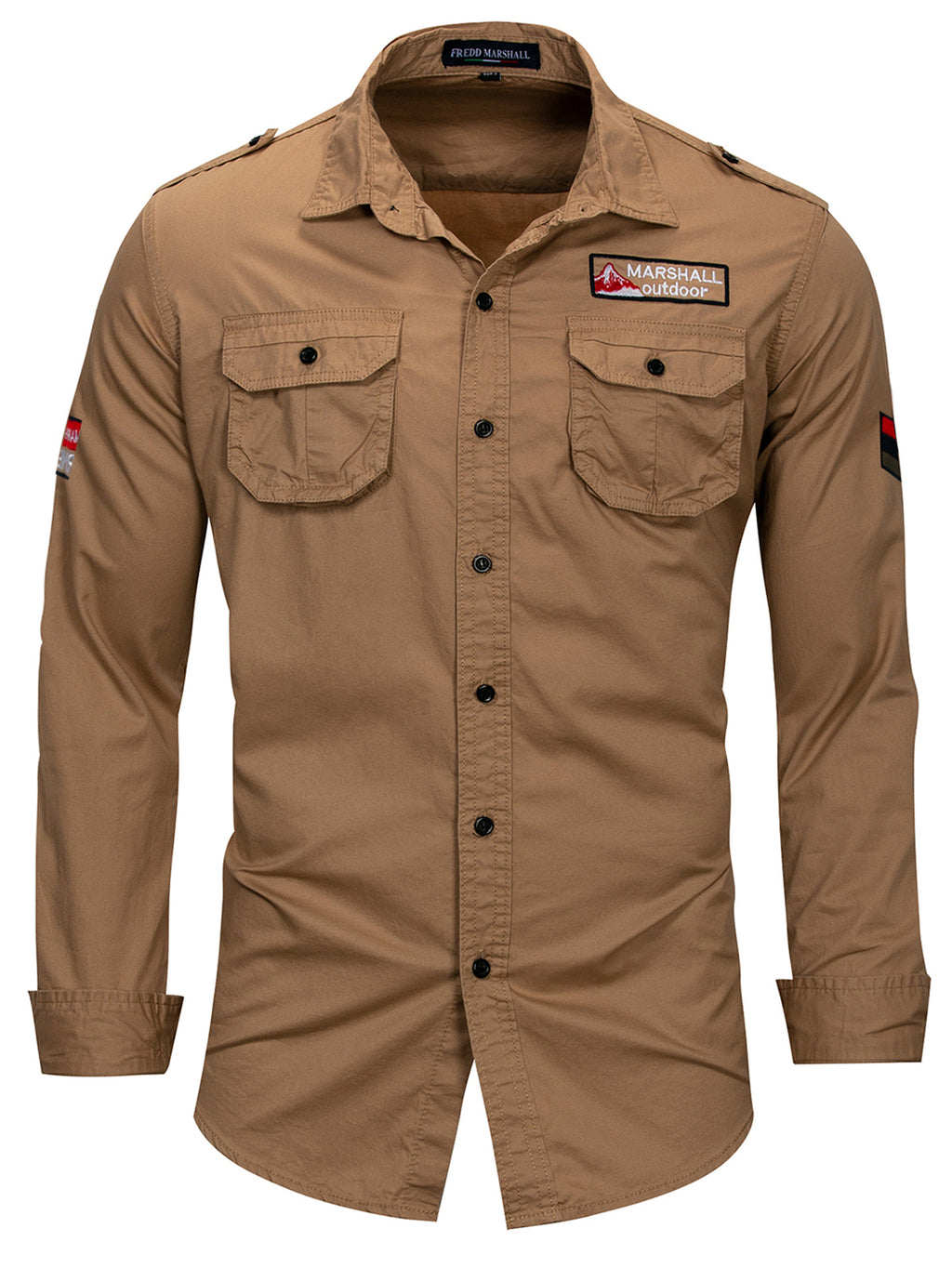 FREDD MARSHALL high-performance tan outdoor shirt with badges, front pockets, long sleeves