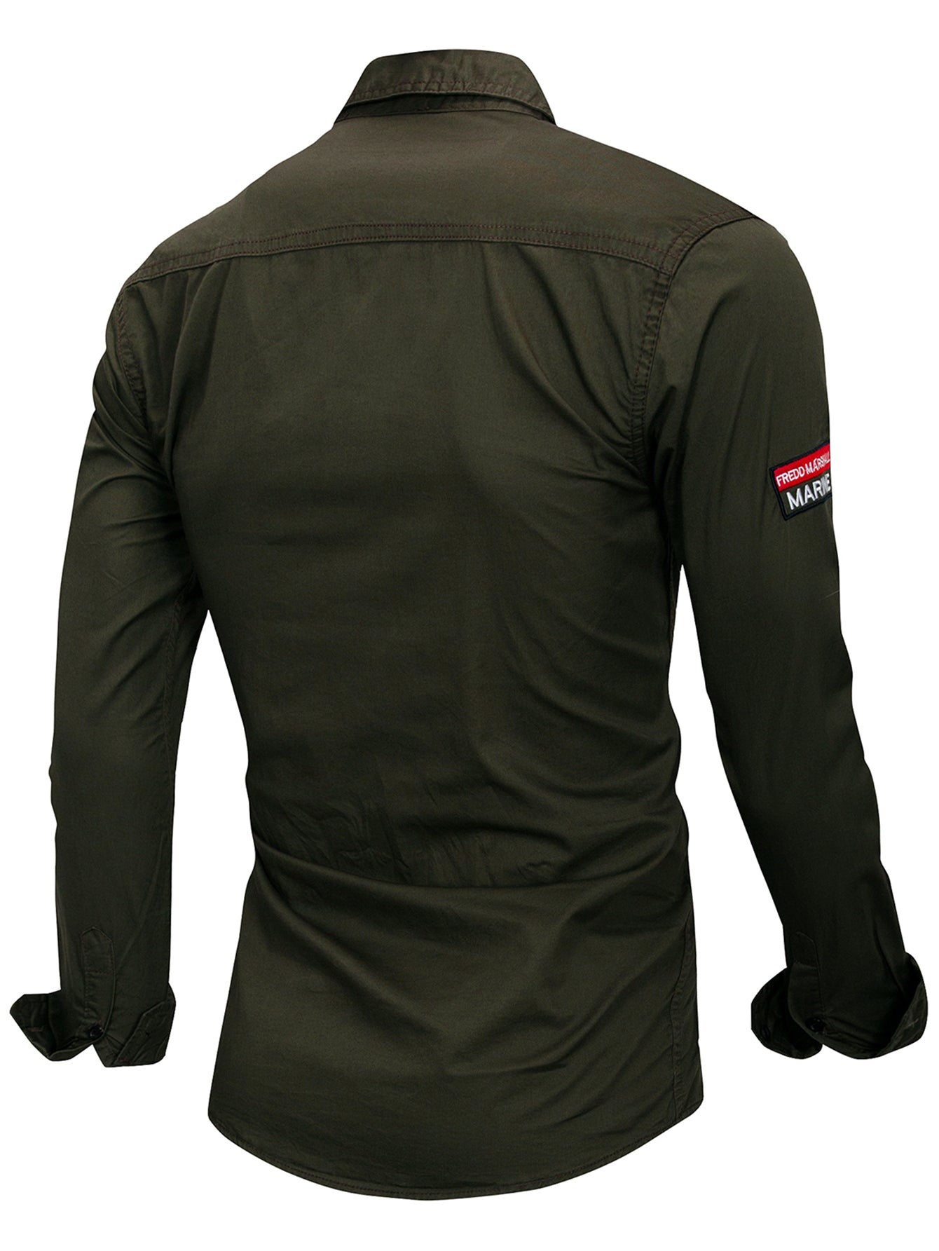 Olive green FREDD MARSHALL high-performance outdoor shirt, long sleeves, visible back view
