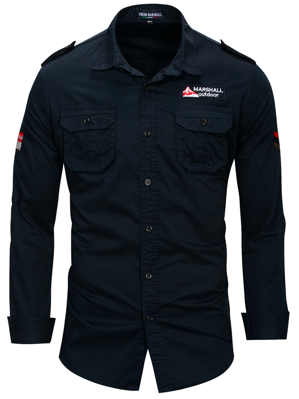 FREDD MARSHALL black high-performance outdoor shirt with patches and buttoned chest pockets