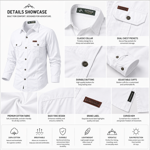 FREDD MARSHALL Men's Casual Military-Style Shirt — Lightweight Everyday Field — View 3
