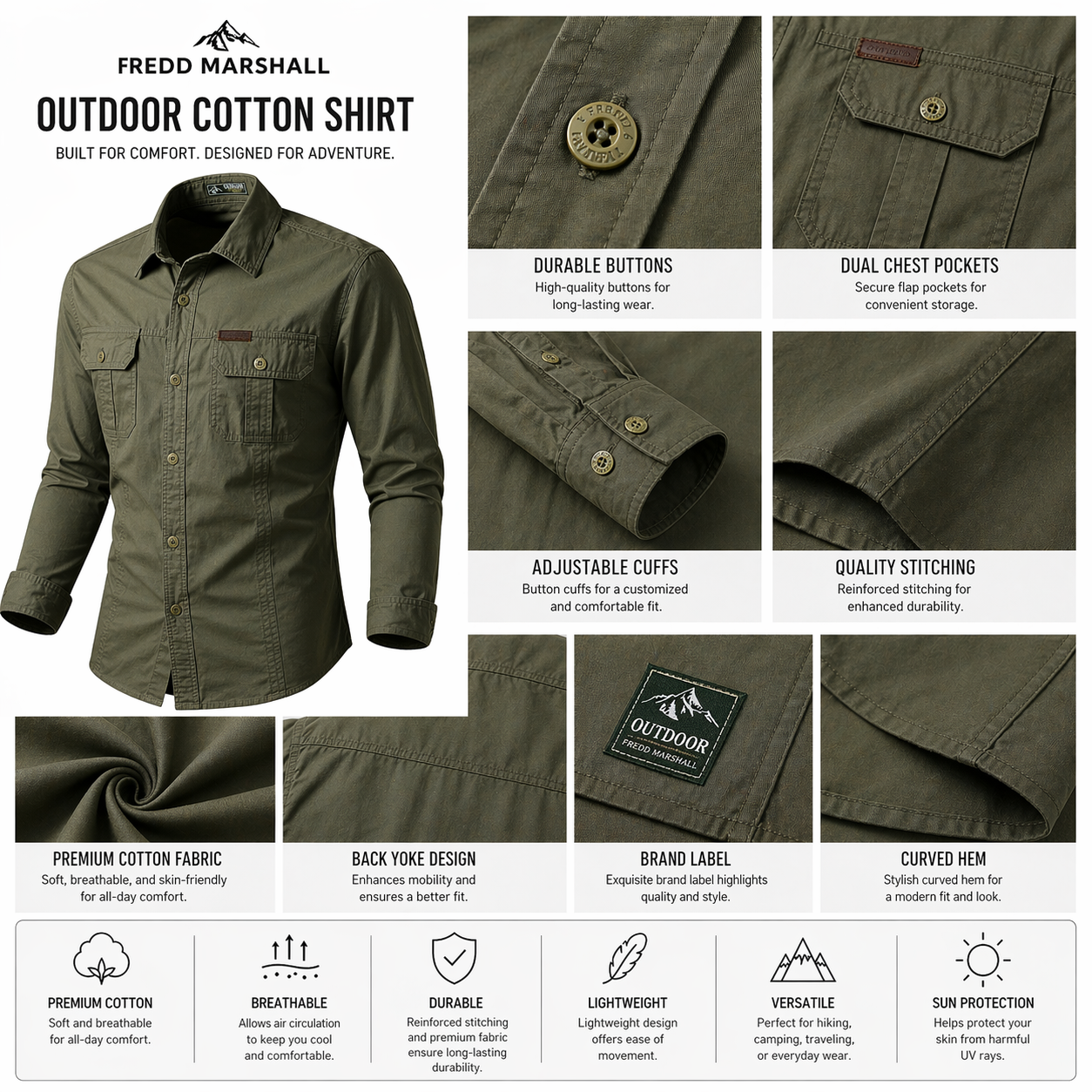 FREDD MARSHALL Men's Tactical Outdoor Shirt — Military Style, Hiking, Workwear