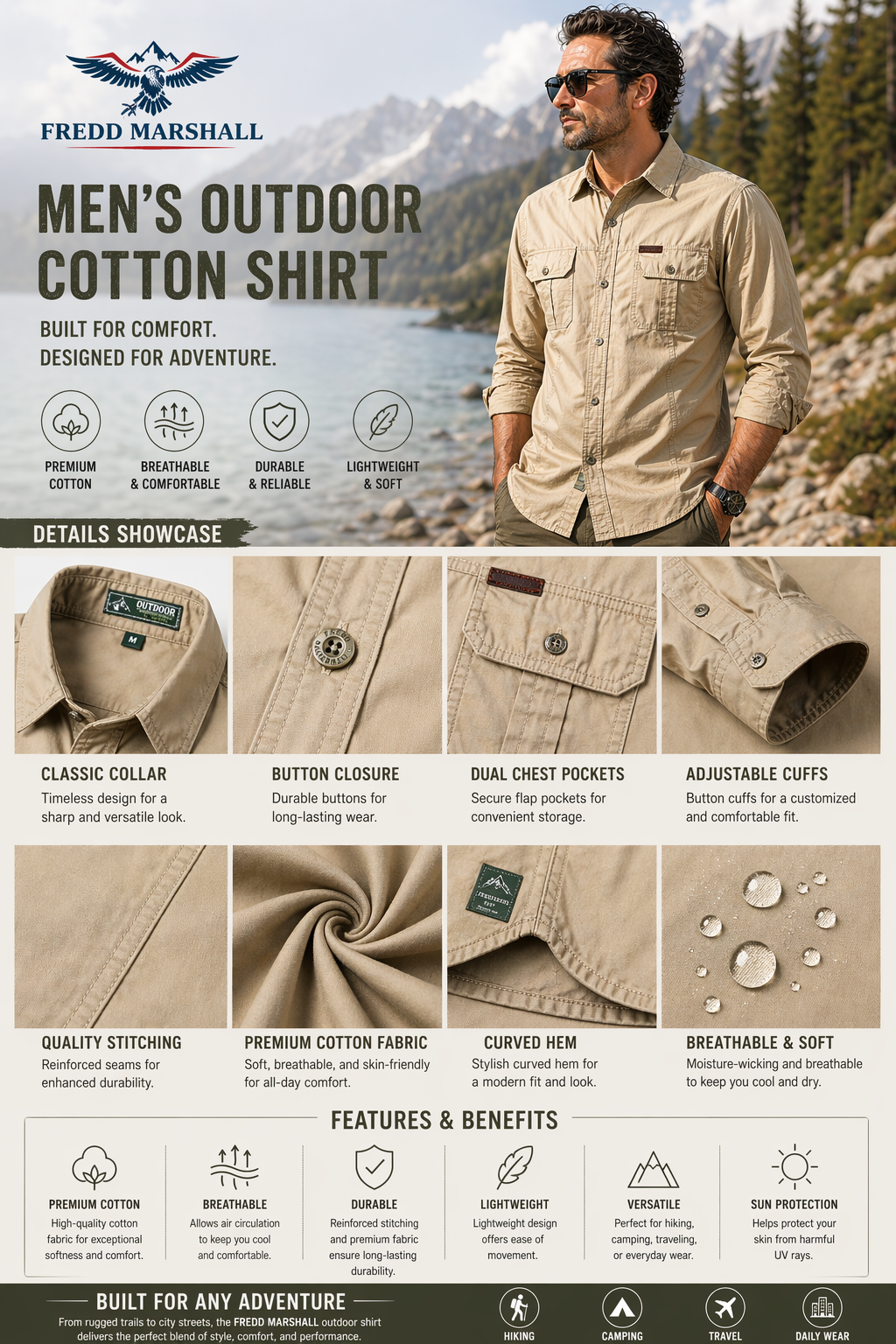 FREDD MARSHALL Men's Tactical Outdoor Shirt — Military Style, Hiking, Workwear