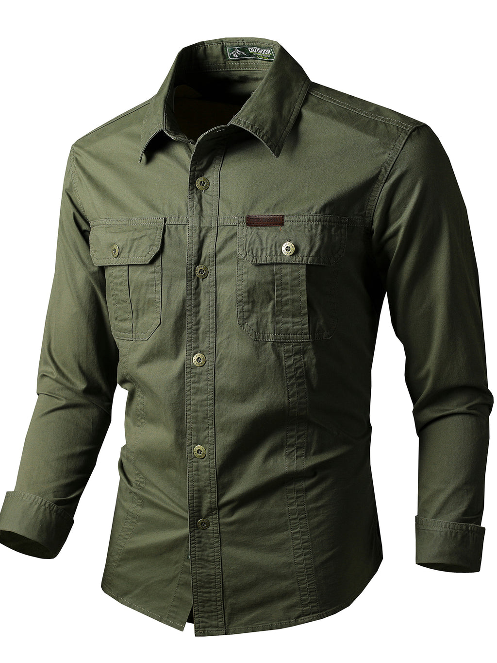 Olive green high-performance outdoor shirt, long sleeves, designed for rugged apparel.