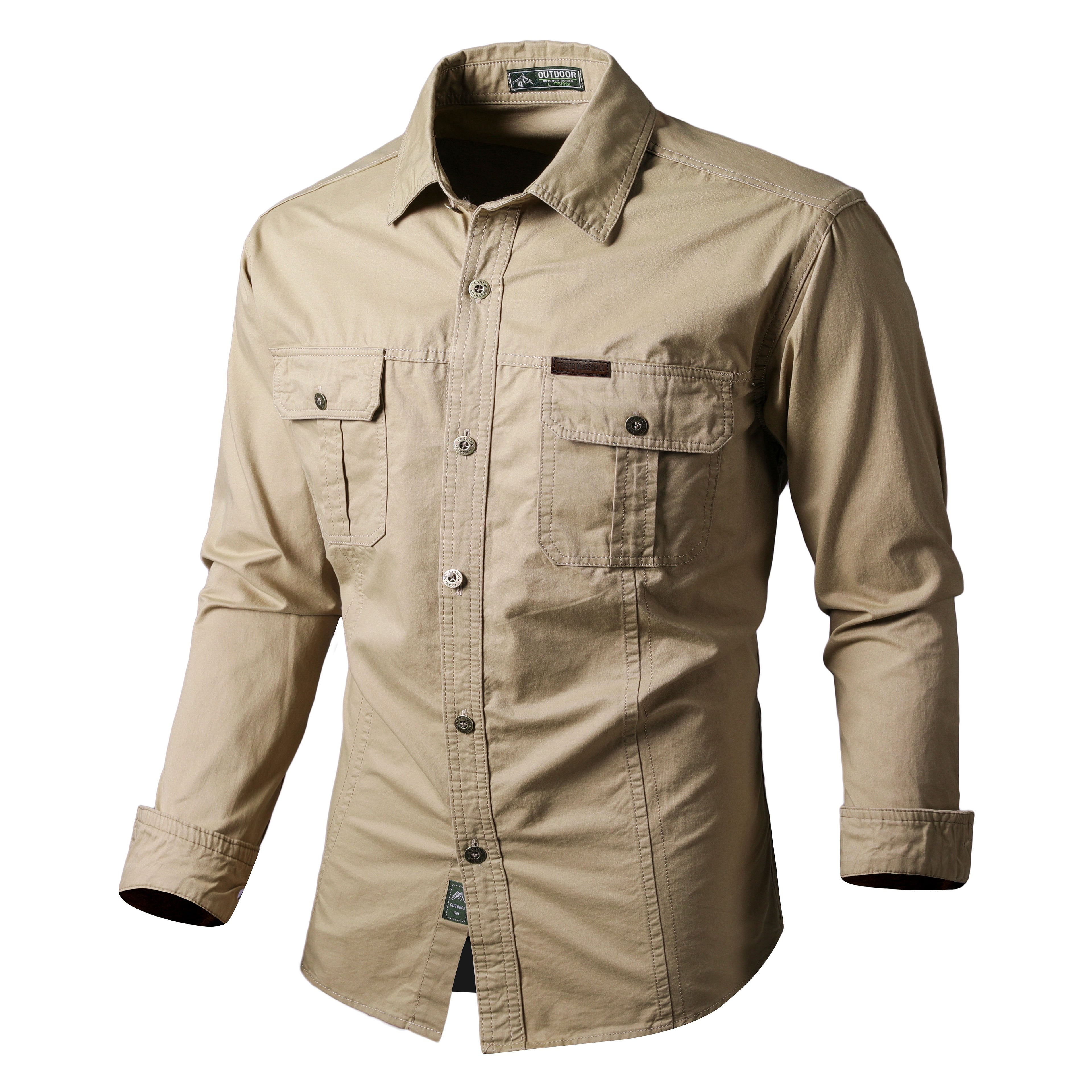 Fredd Marshall high-performance outdoor khaki shirt with long sleeves and front pockets