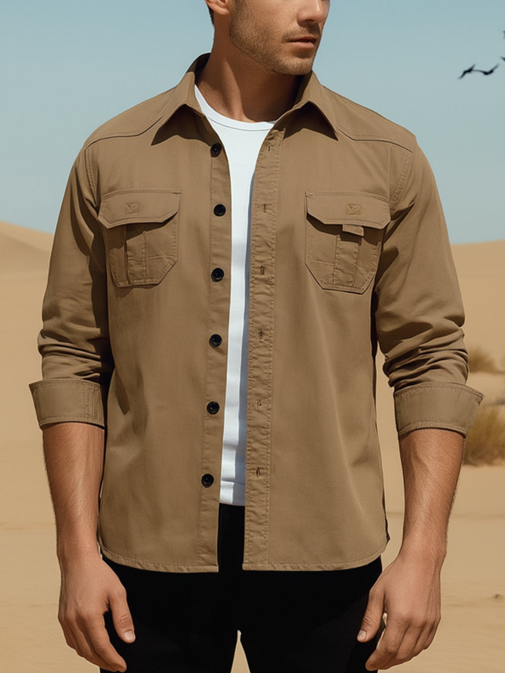 Man wearing high-performance tan outdoor shirt in desert, Fredd Marshall apparel