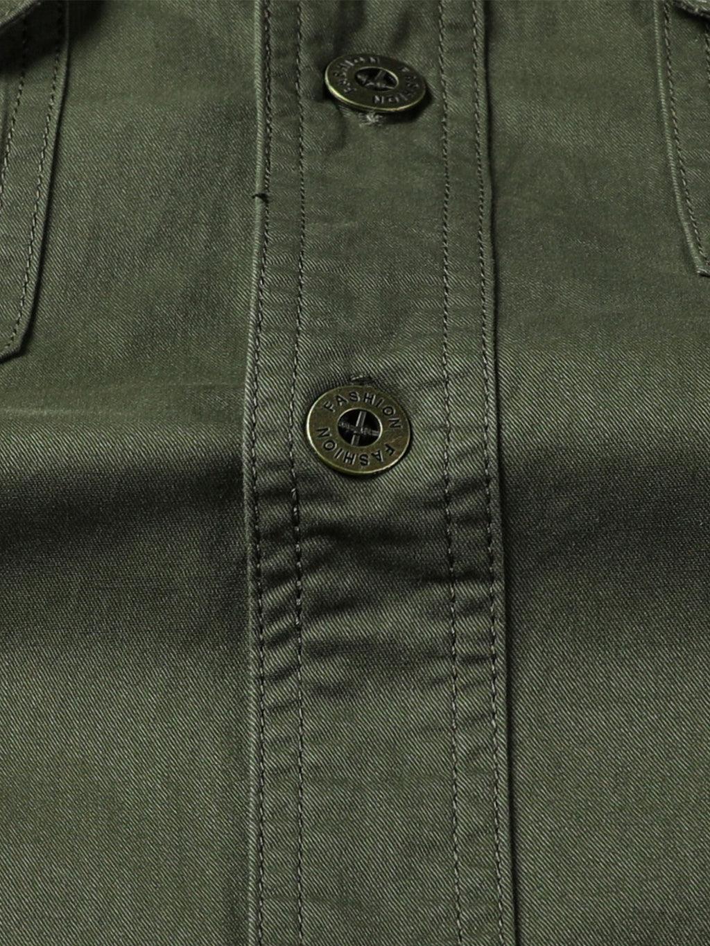 Close-up of olive green high-performance outdoor jacket with snap buttons, FREDD MARSHALL.
