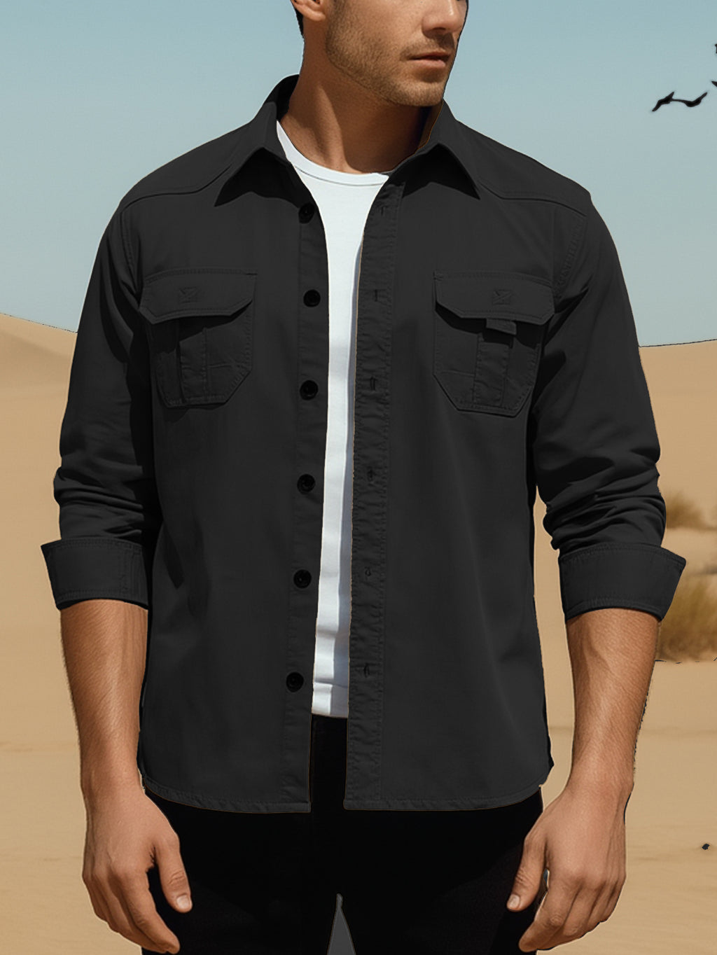 Man wearing high-performance black outdoor shirt in desert, FREDD MARSHALL apparel