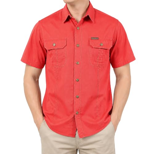 FREDD MARSHALL Men's Pure-Cotton Short-Sleeve Adventure Shirt — Breathable Outdoor — Red