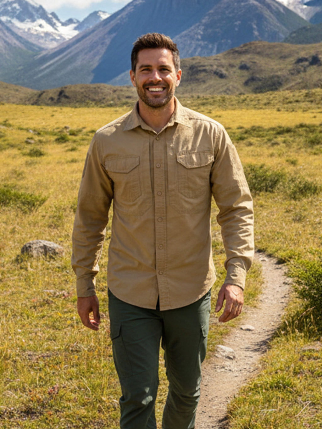 Man wearing high-performance outdoor apparel hiking in a scenic mountain landscape