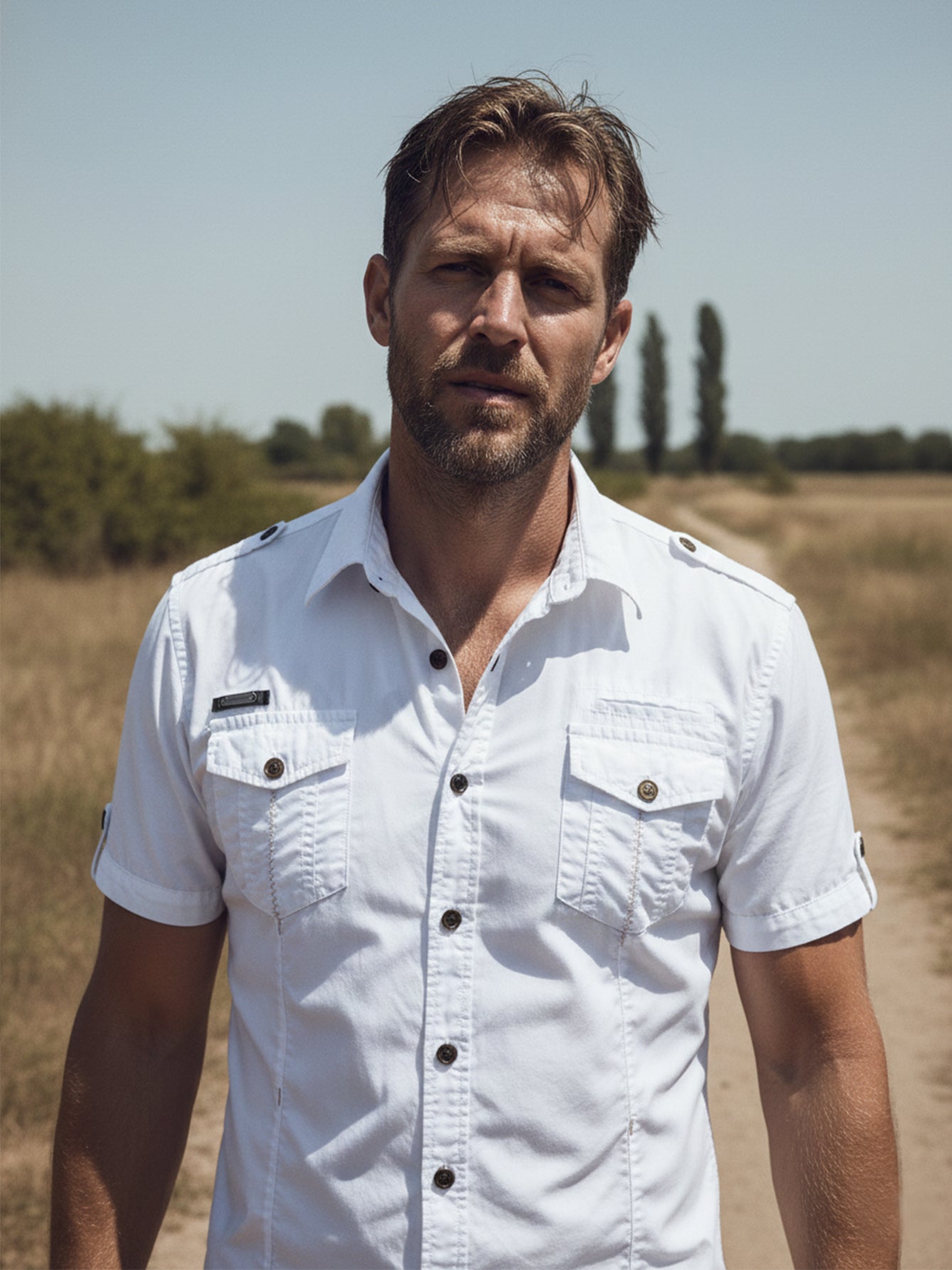 Classic Men’s White Military-Style Cotton Shirt