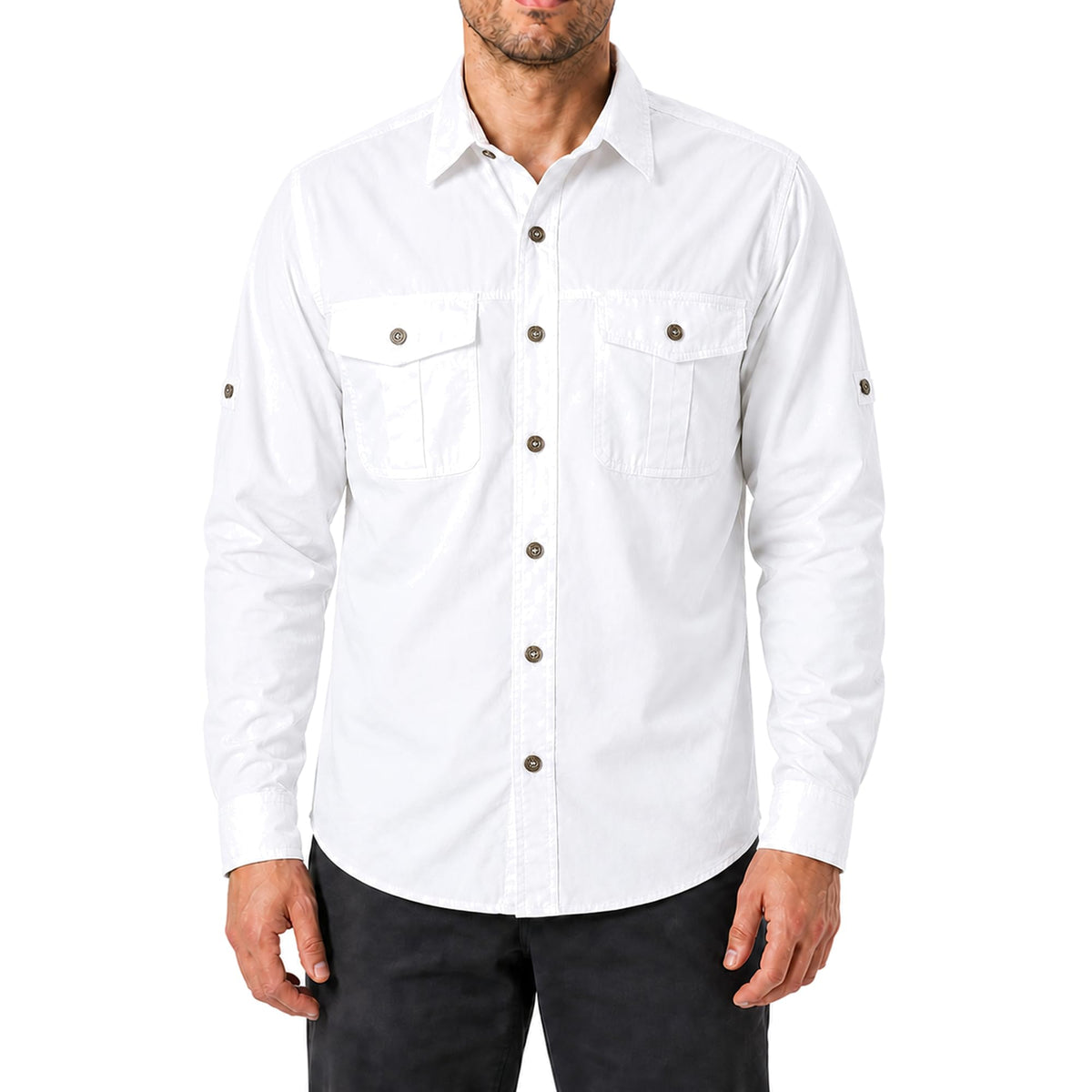 FREDD MARSHALL Men's Long Sleeve Cotton Cargo Work Shirt - White