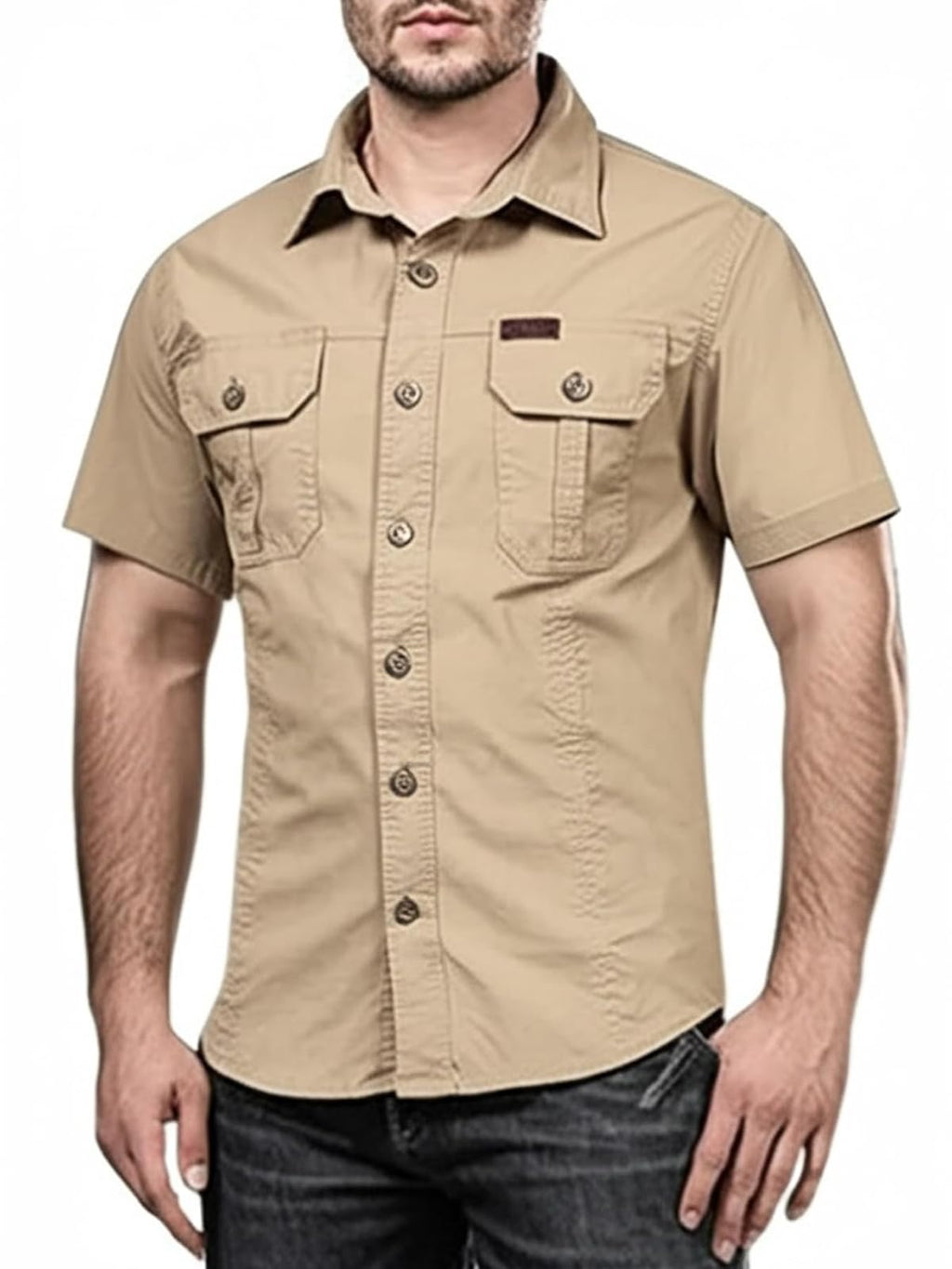 FREDD MARSHALL Men's Pure-Cotton Short-Sleeve Adventure Shirt — Breathable Outdoor — Khaki