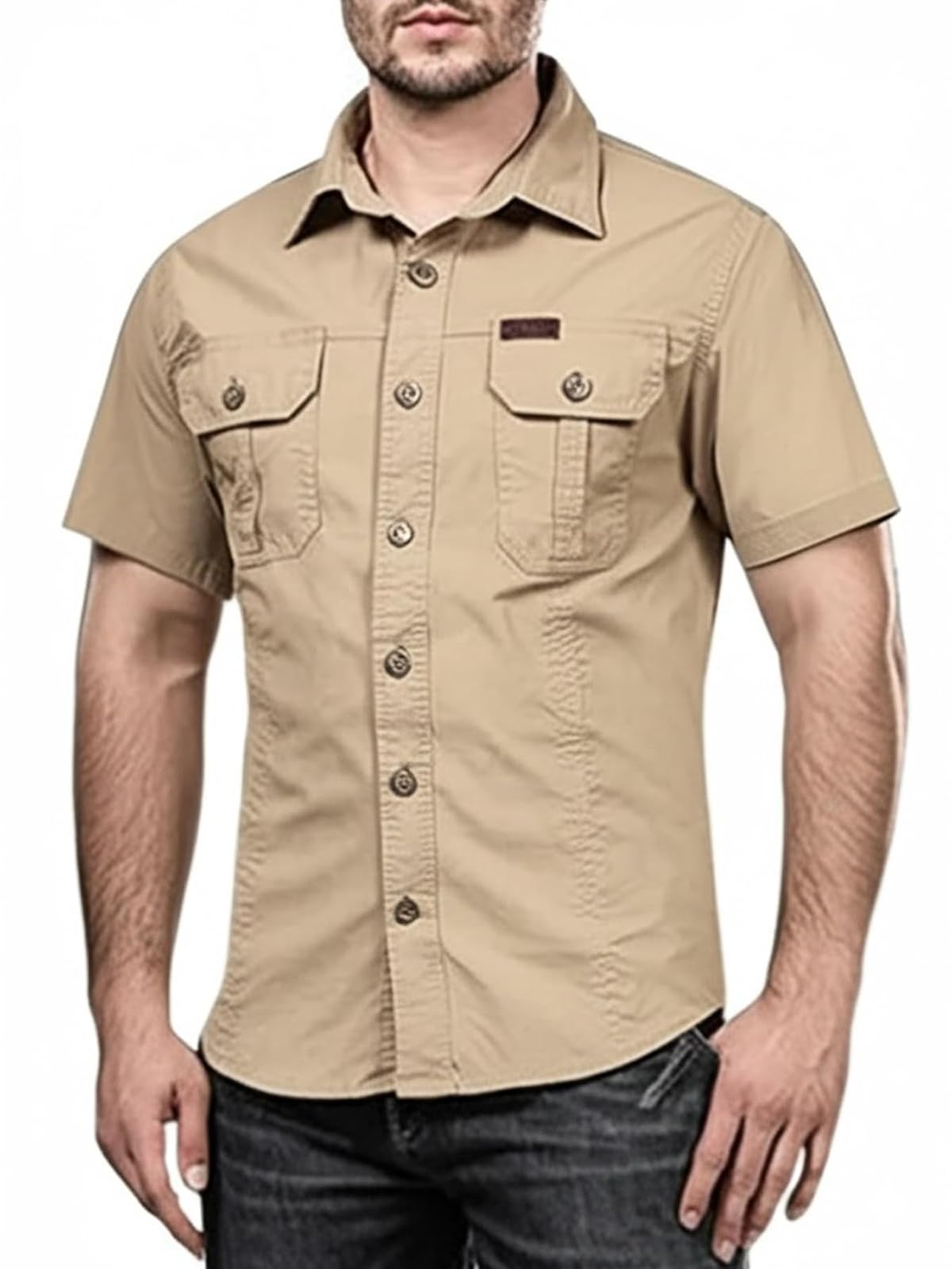 FREDD MARSHALL Men's Pure-Cotton Short-Sleeve Adventure Shirt — Breathable Outdoor — Khaki
