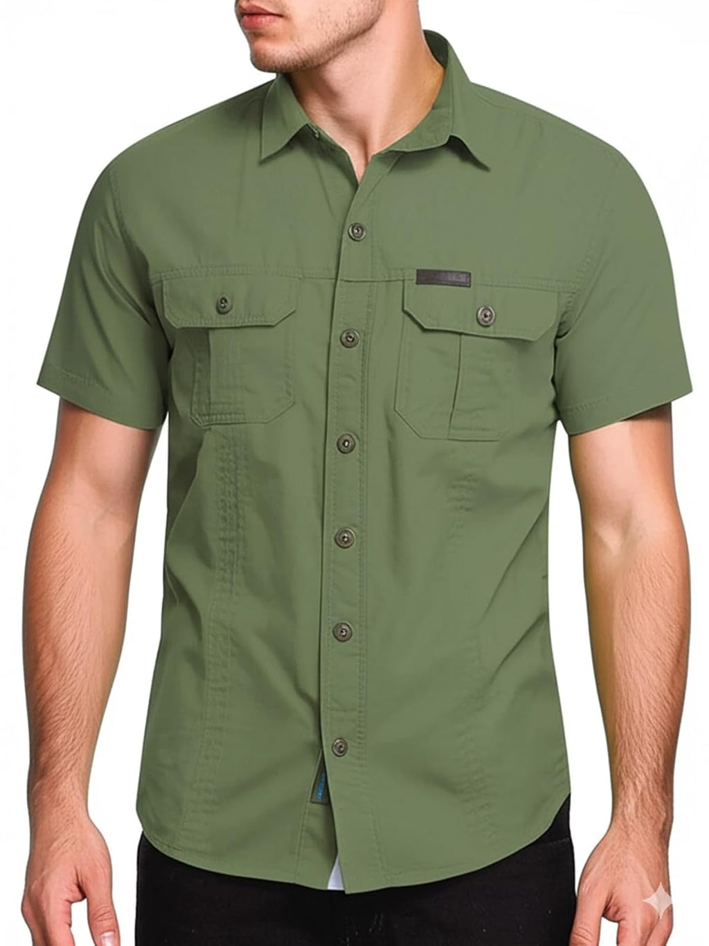 FREDD MARSHALL Men's Pure-Cotton Short-Sleeve Adventure Shirt — Breathable Outdoor — Armygreen