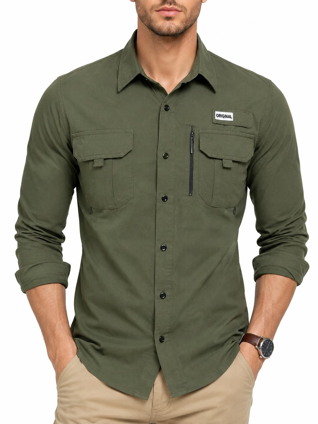 FREDD MARSHALL cotton tactical field shirt in army green, front view