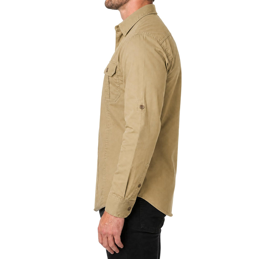 FREDD MARSHALL Men's Long Sleeve Cotton Cargo Work Shirt - Khaki