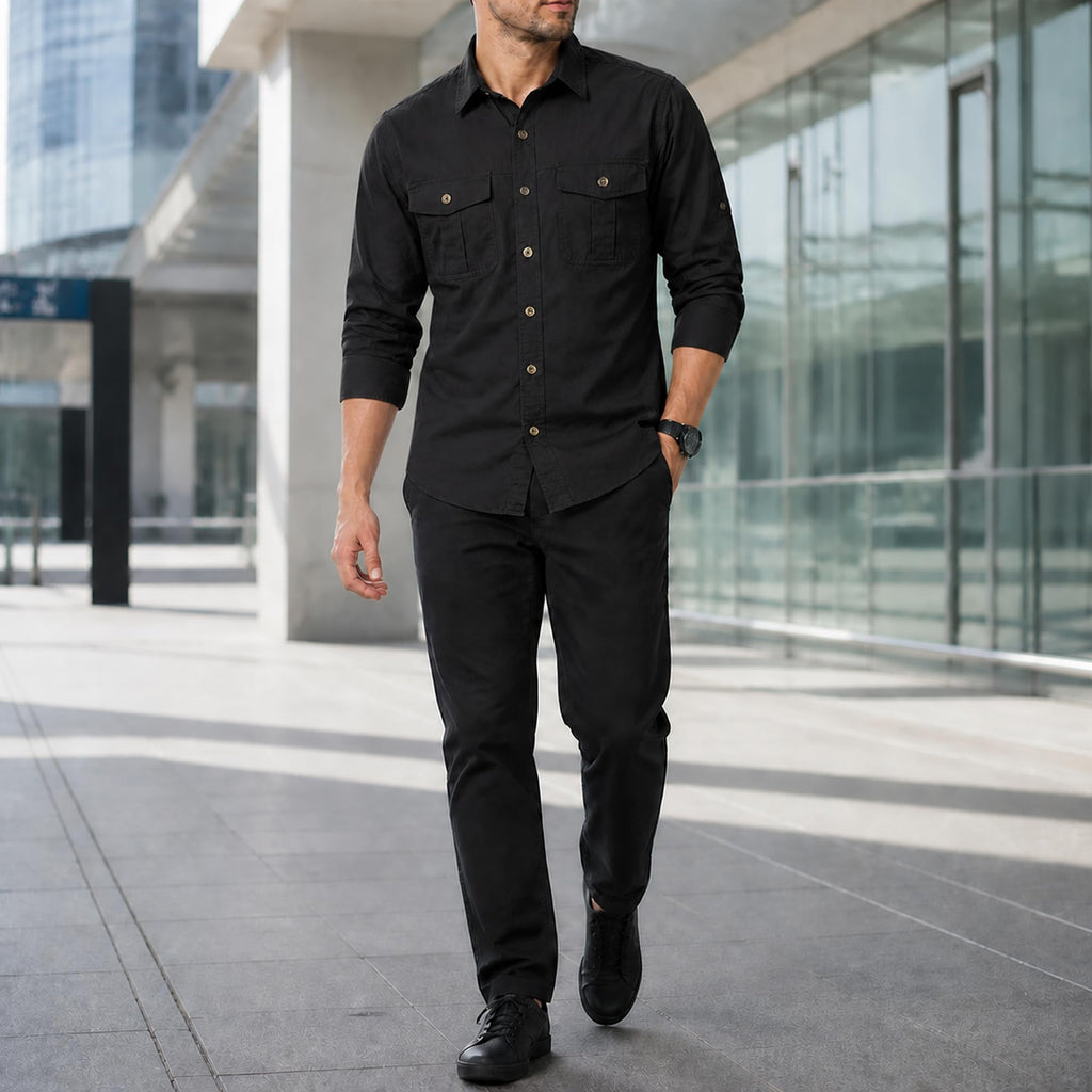 FREDD MARSHALL Men's Long Sleeve Cotton Cargo Work Shirt - Black