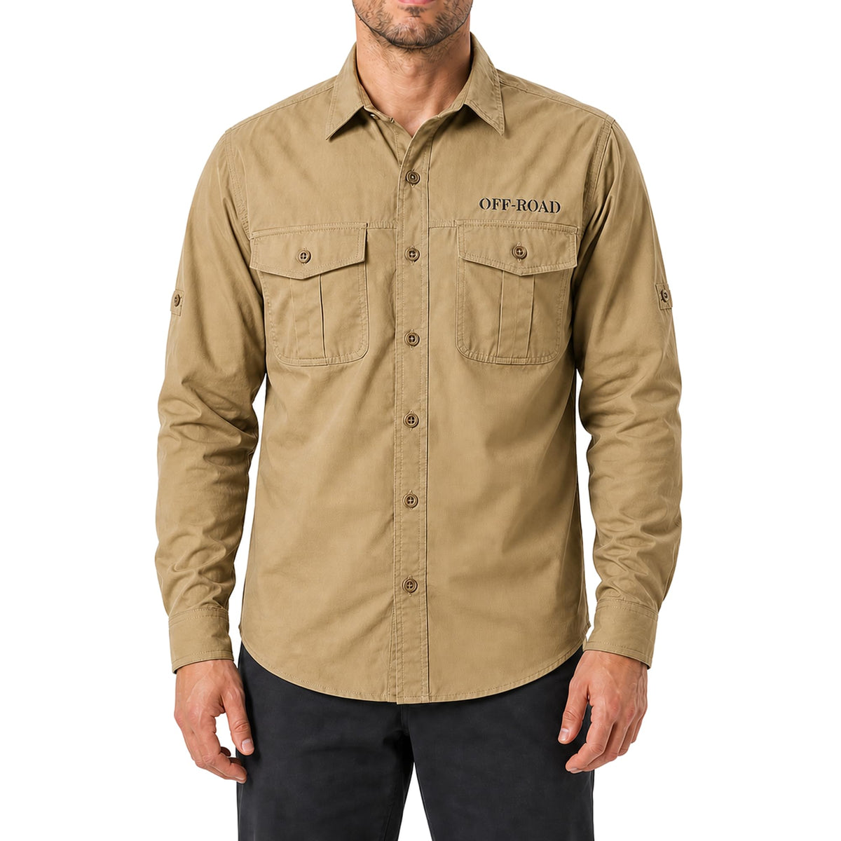 FREDD MARSHALL Men's Roll-Up Sleeve Cotton Cargo Work Shirt - Khaki
