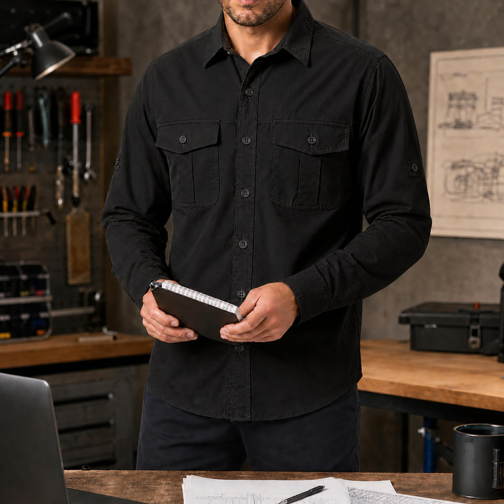 FREDD MARSHALL Men's Long Sleeve Cotton Cargo Work Shirt - Black