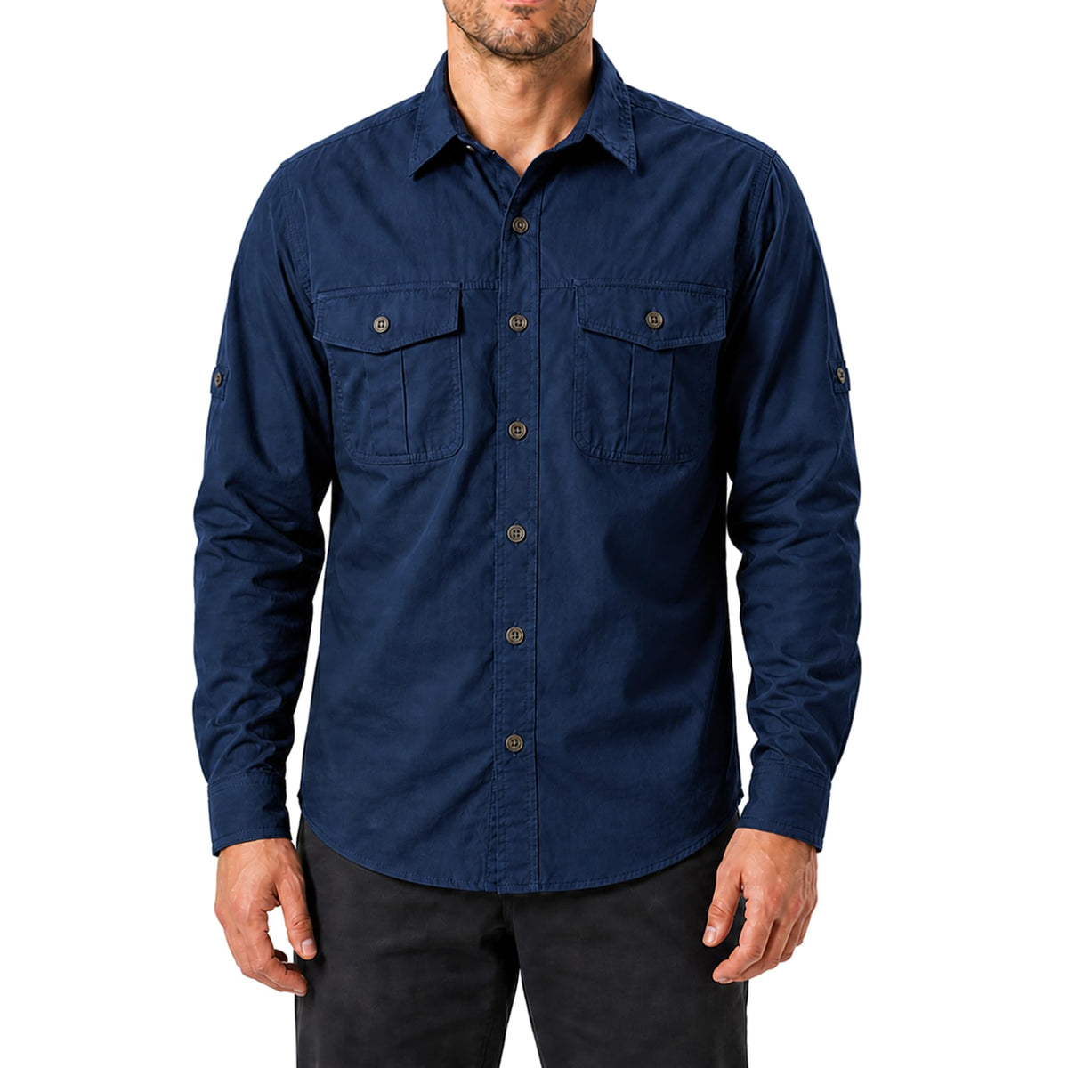 FREDD MARSHALL Men's Long Sleeve Cotton Cargo Work Shirt - Dark Blue