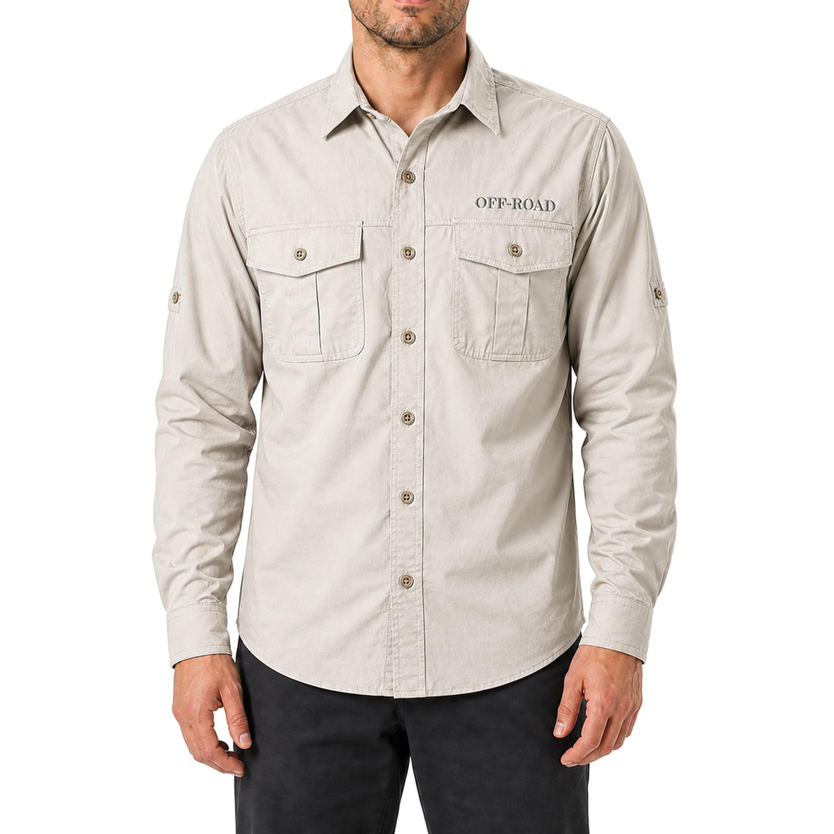 FREDD MARSHALL Men's Roll-Up Sleeve Cotton Cargo Work Shirt - Beige