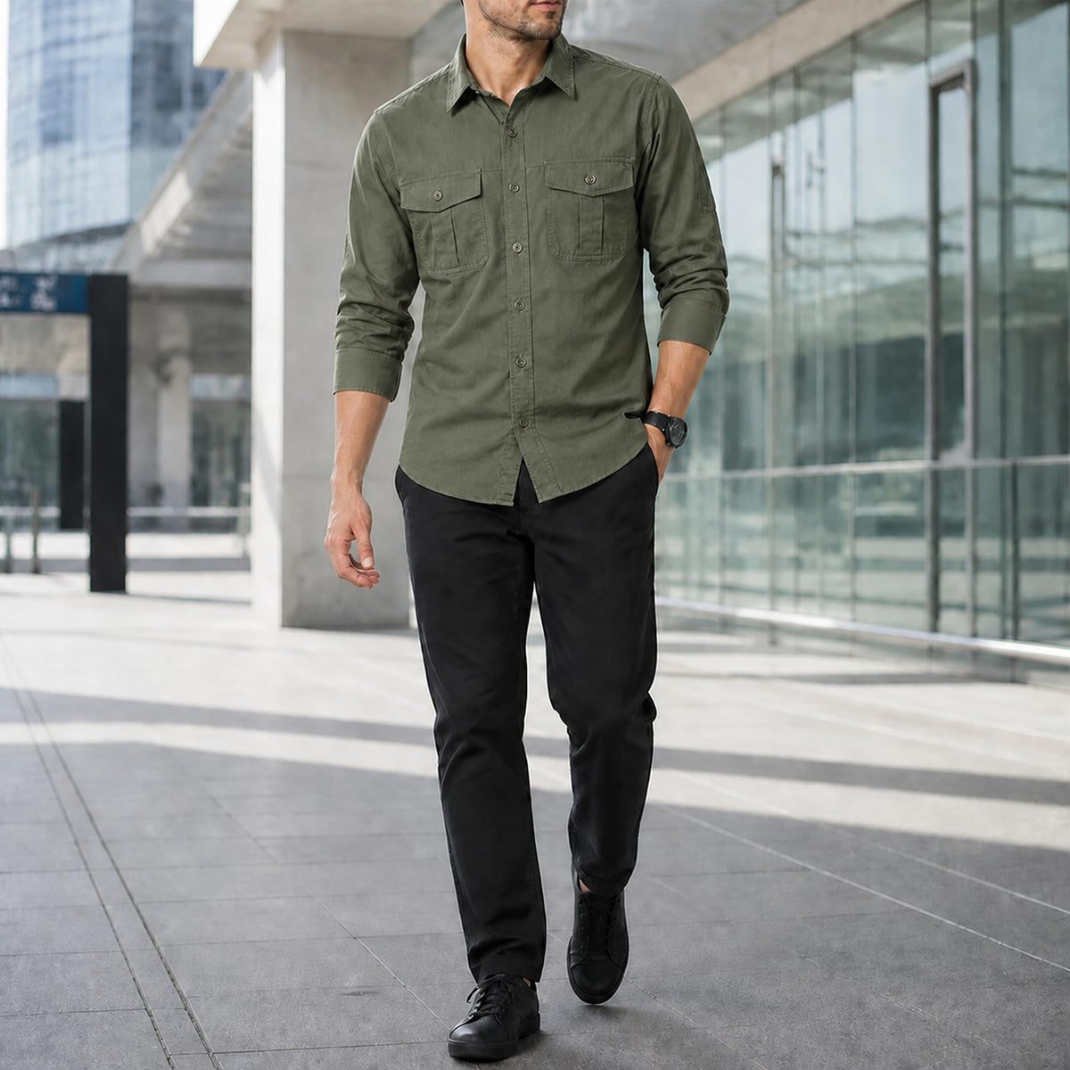FREDD MARSHALL Men's Long Sleeve Cotton Cargo Work Shirt - Army Green