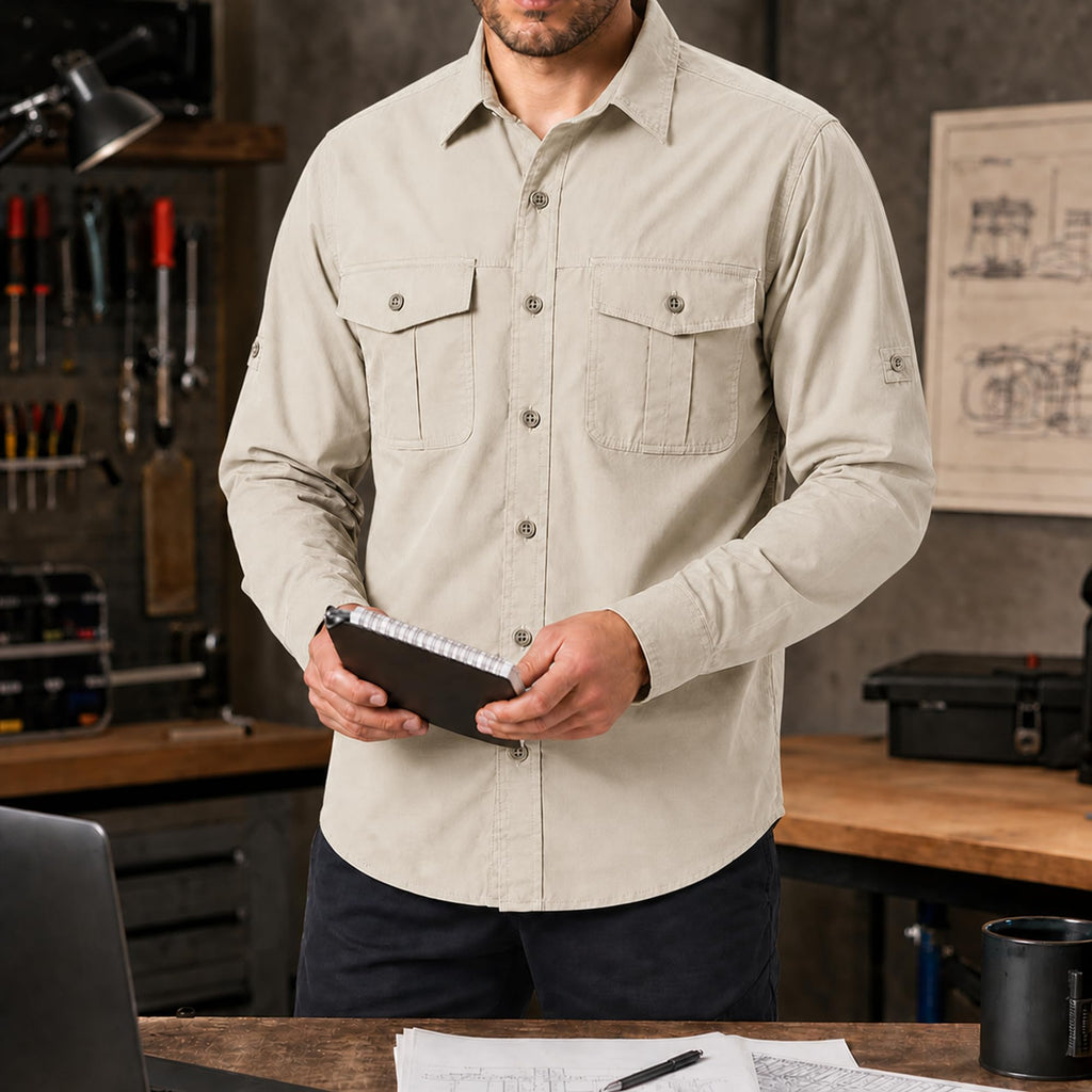 FREDD MARSHALL Men's Long Sleeve Cotton Cargo Work Shirt - Beige